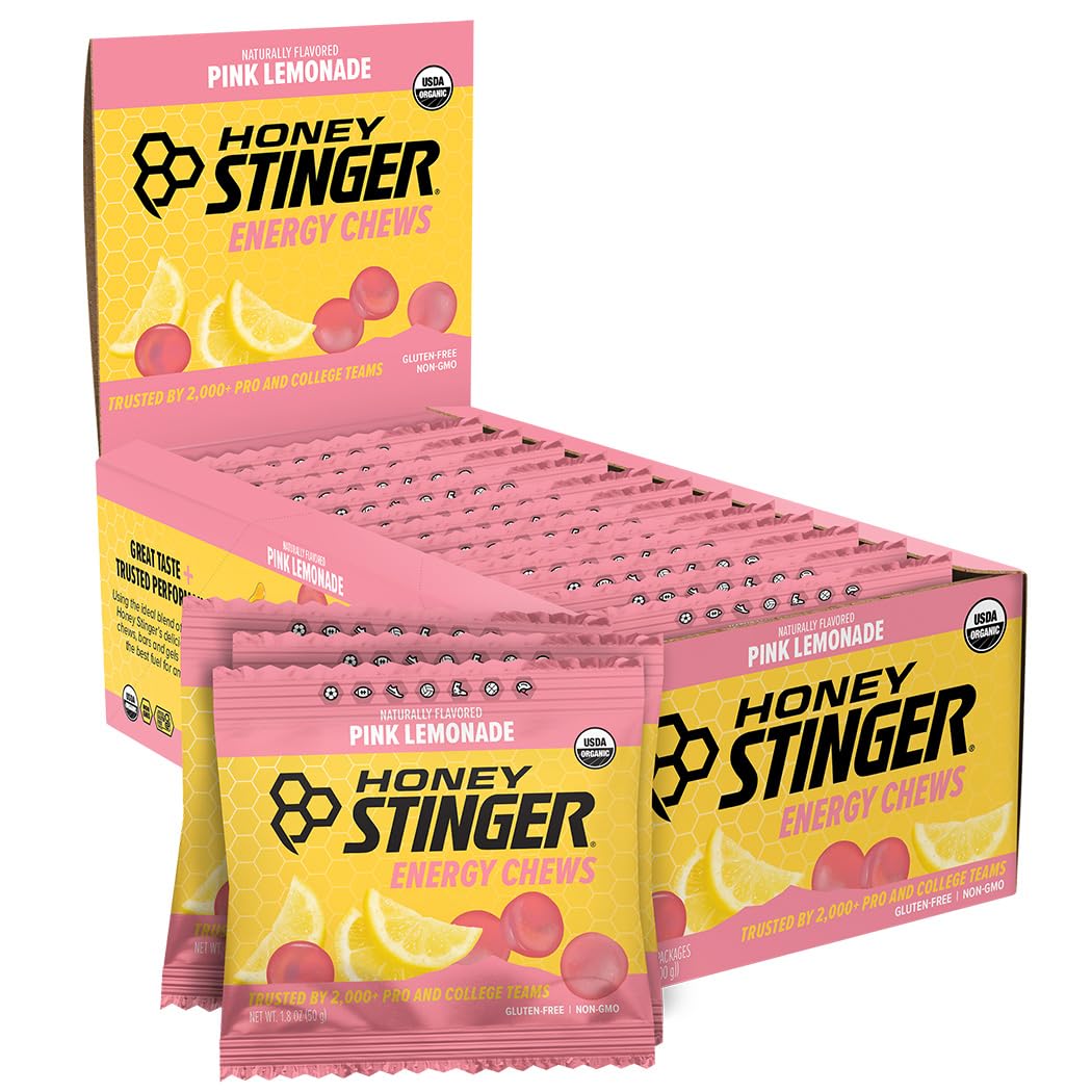 Honey Stinger paquete frontal Pink Lemonade, vista clara del empaque y beneficio portable