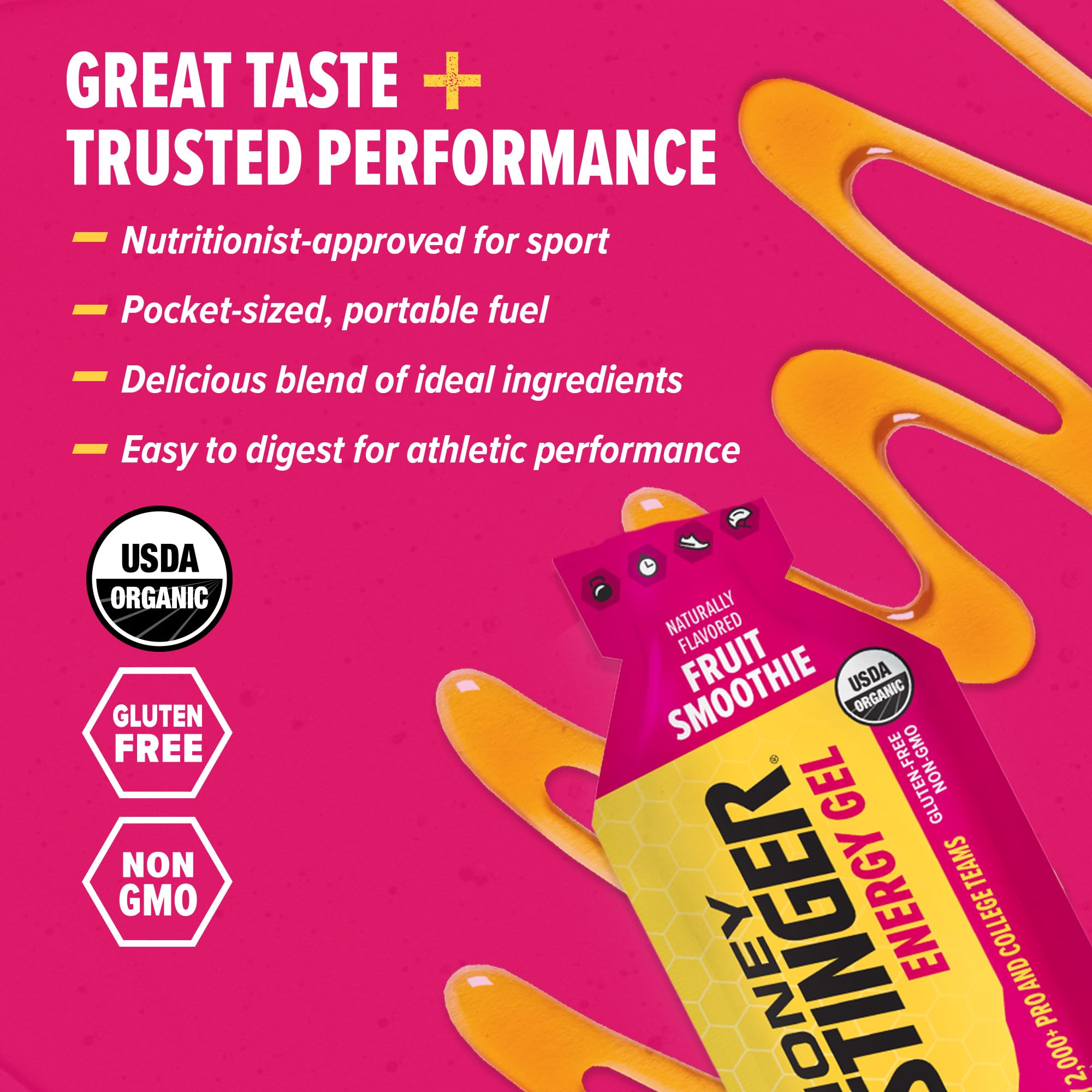 Honey Stinger etiqueta con ingredientes orgánicos y beneficios claros