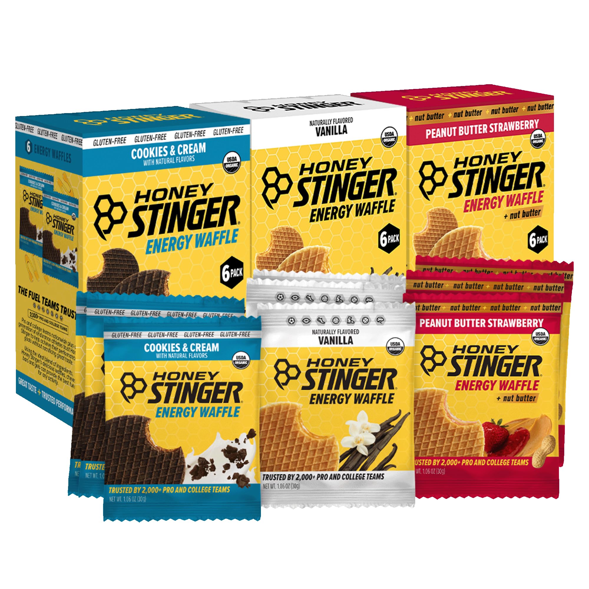 Honey Stinger empaque frontal mostrando variedades y beneficios energéticos