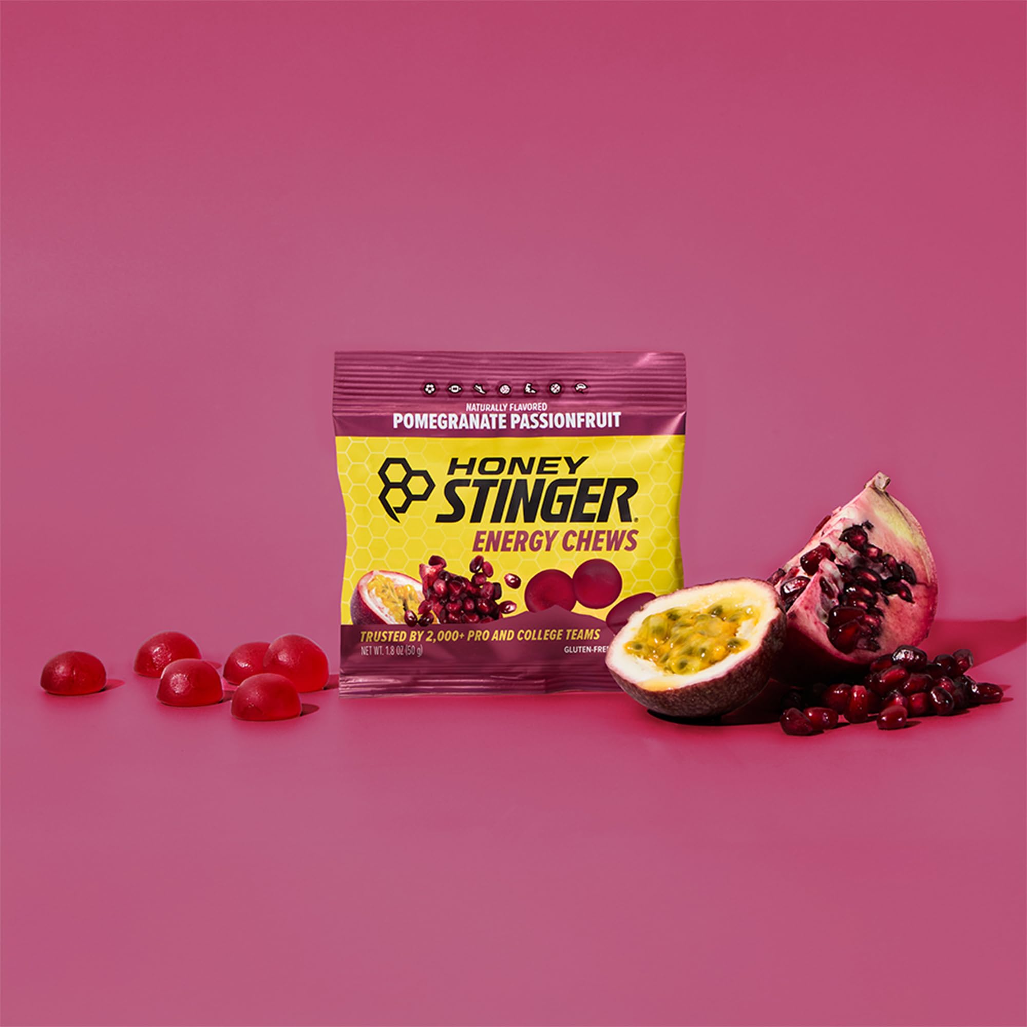 Honey Stinger envase abierto con gomitas visibles para opción portátil en entrenamiento