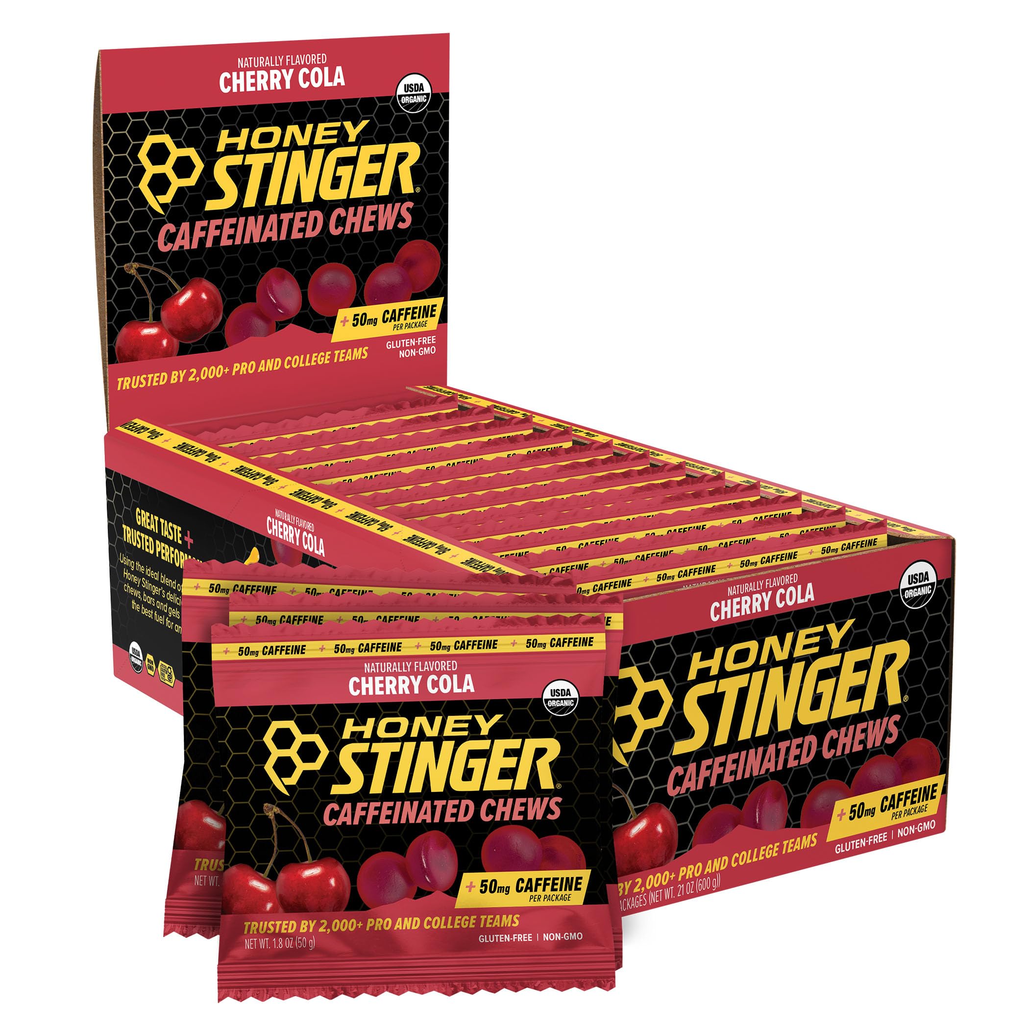 Honey Stinger frente del empaque mostrando sabor cherry cola y conveniencia