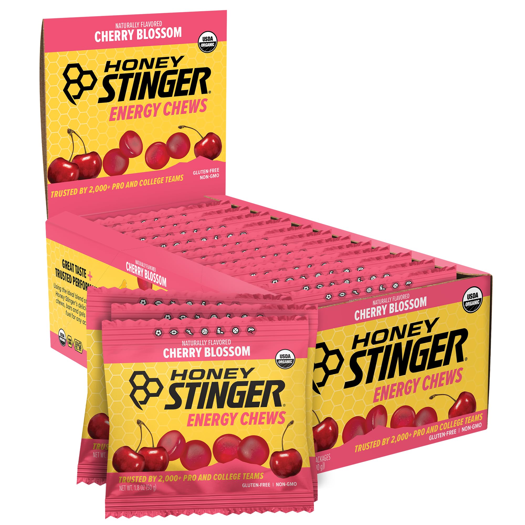 Honey Stinger frente del empaque con caja abierta muestra porciones prácticas