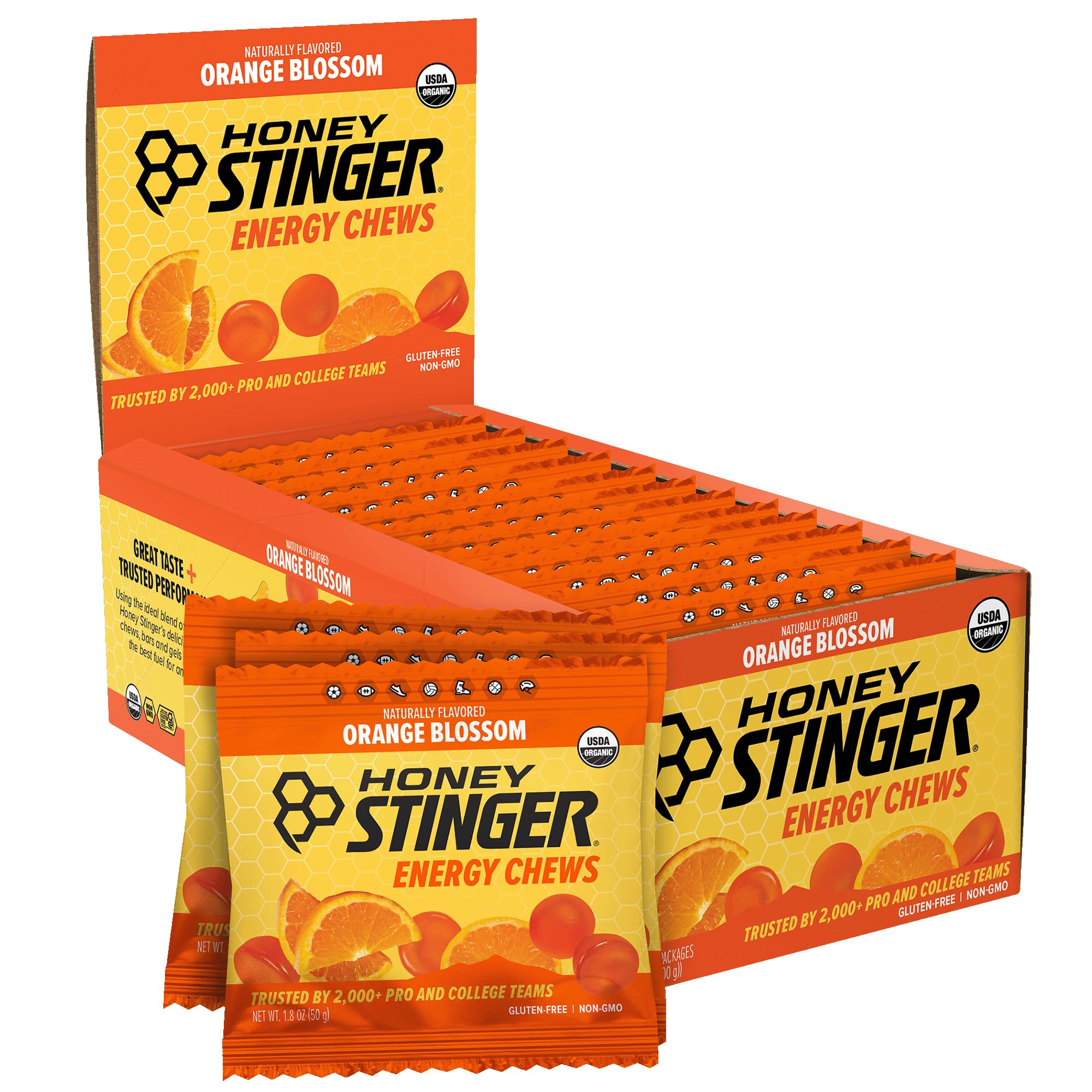 Honey Stinger paquete frontal mostrando nombre y sabor naranja