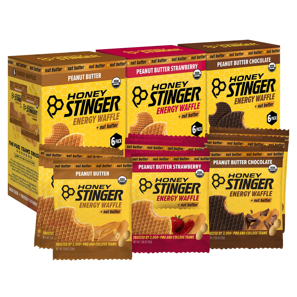 Honey Stinger frente del paquete mostrando variedad y conveniencia