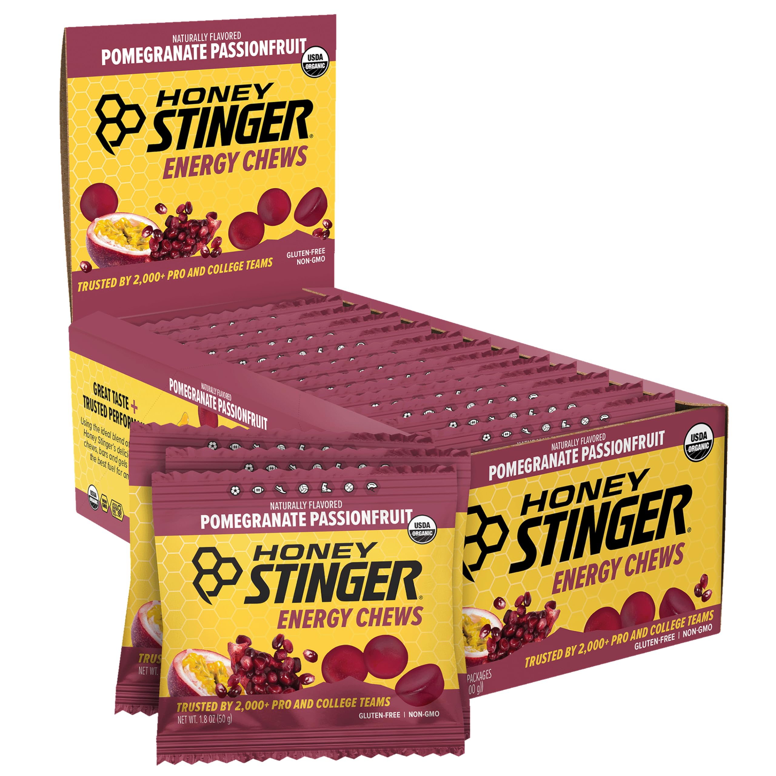 Honey Stinger frente del paquete Pomegranate Passionfruit mostrando marca y beneficios
