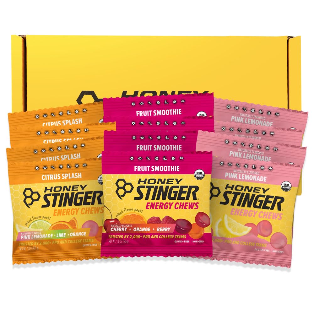 Honey Stinger paquete frontal mostrando variedad de sabores y practicidad para entrenamiento