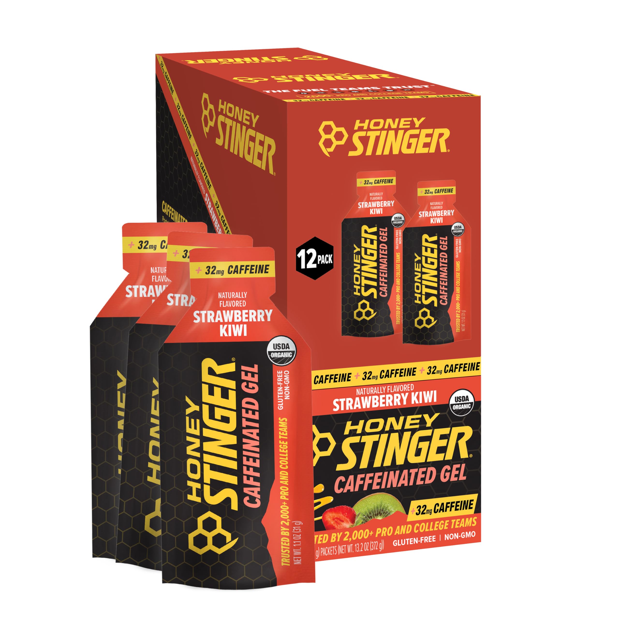 Honey Stinger vista frontal del empaque mostrando sabor y beneficios