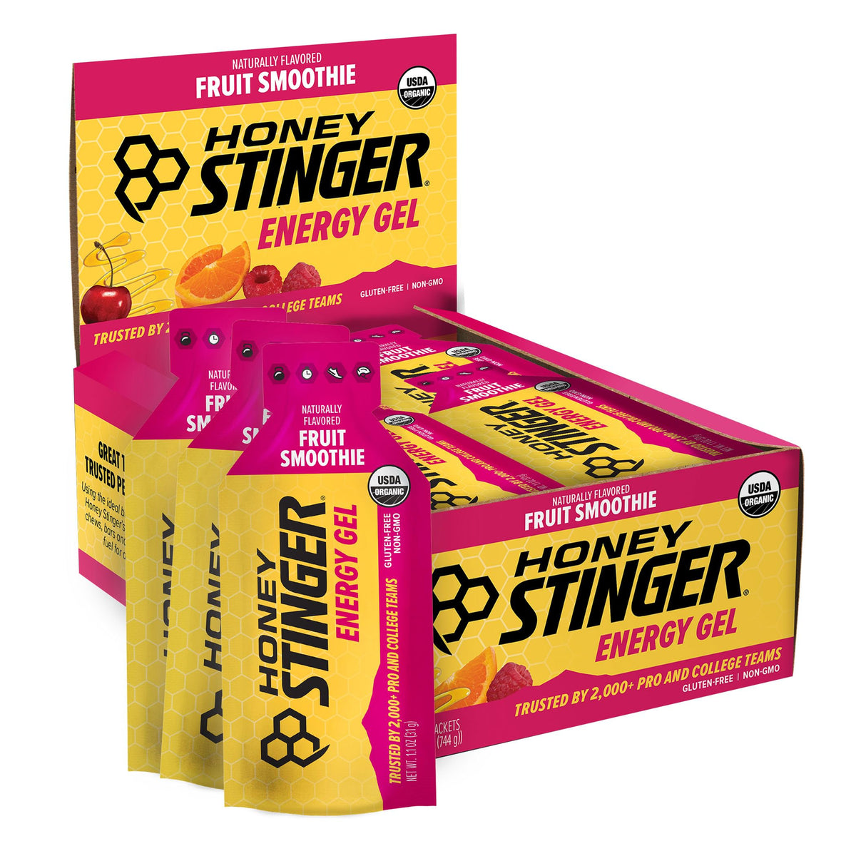 Honey Stinger frontal de la caja mostrando 24 unidades y comodidad portátil