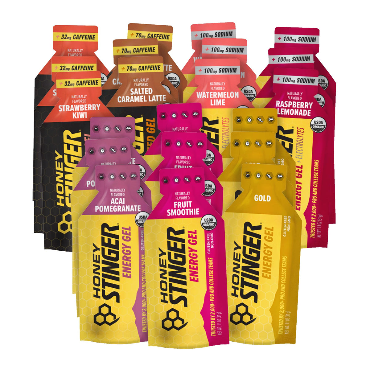 Honey Stinger frontal del pack mostrando 21 geles y variedad de sabores