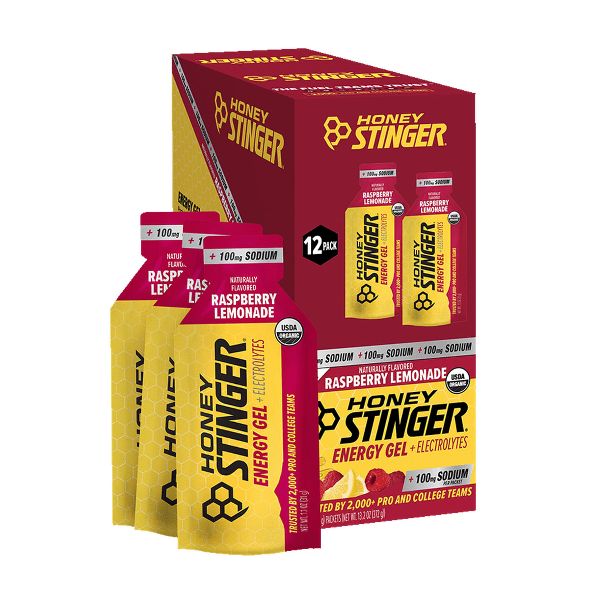 Honey Stinger pack frontal mostrando diseño y beneficios energéticos
