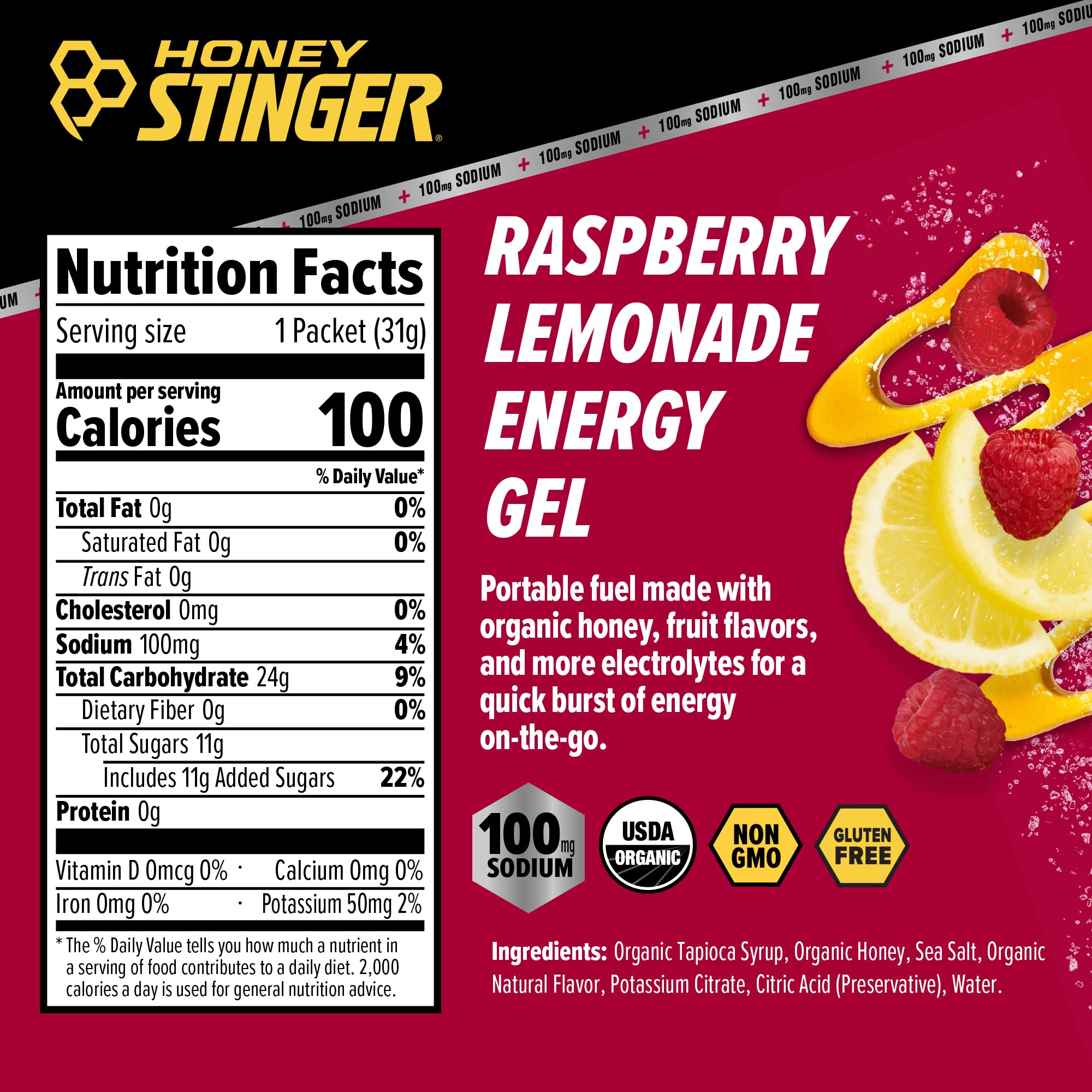 Honey Stinger gel visible dentro del sobre para consumo portátil