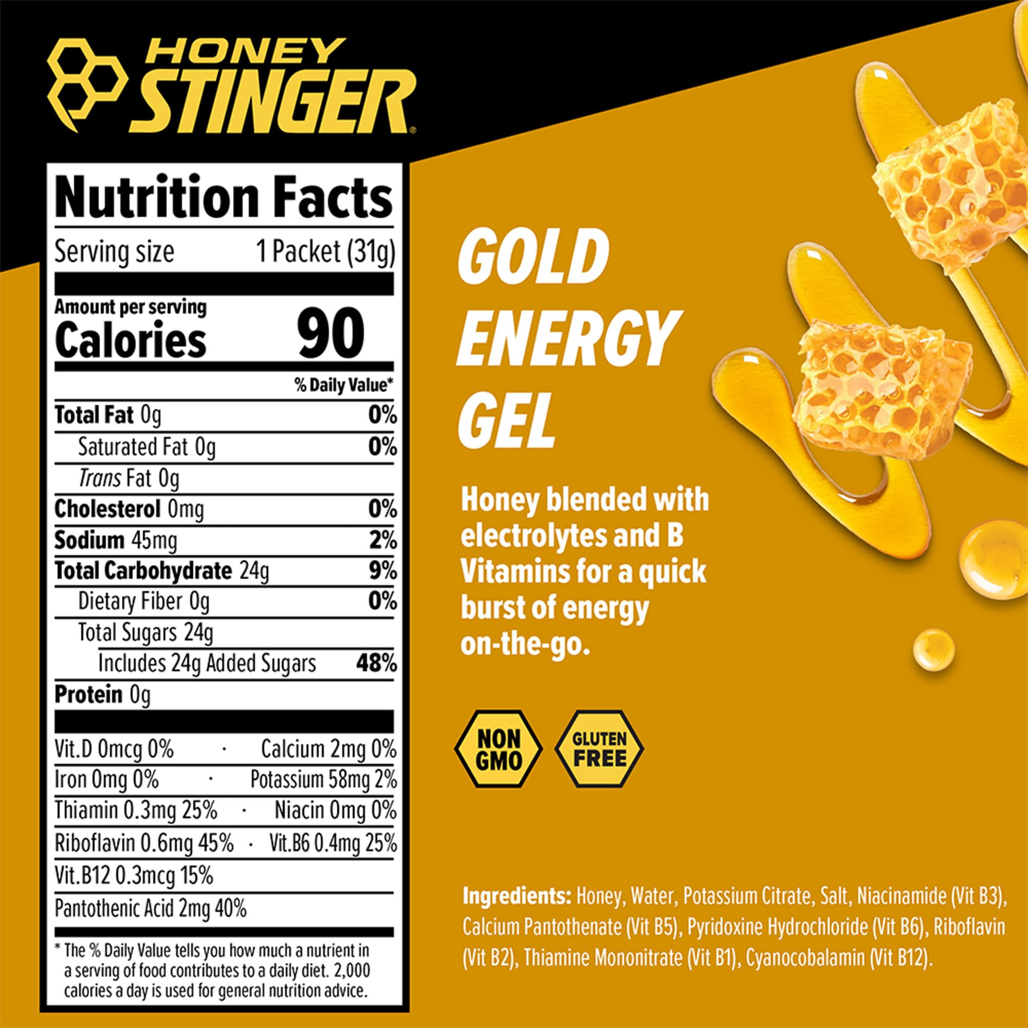 Honey Stinger etiqueta nutricional en detalle y beneficio de ingredientes claros
