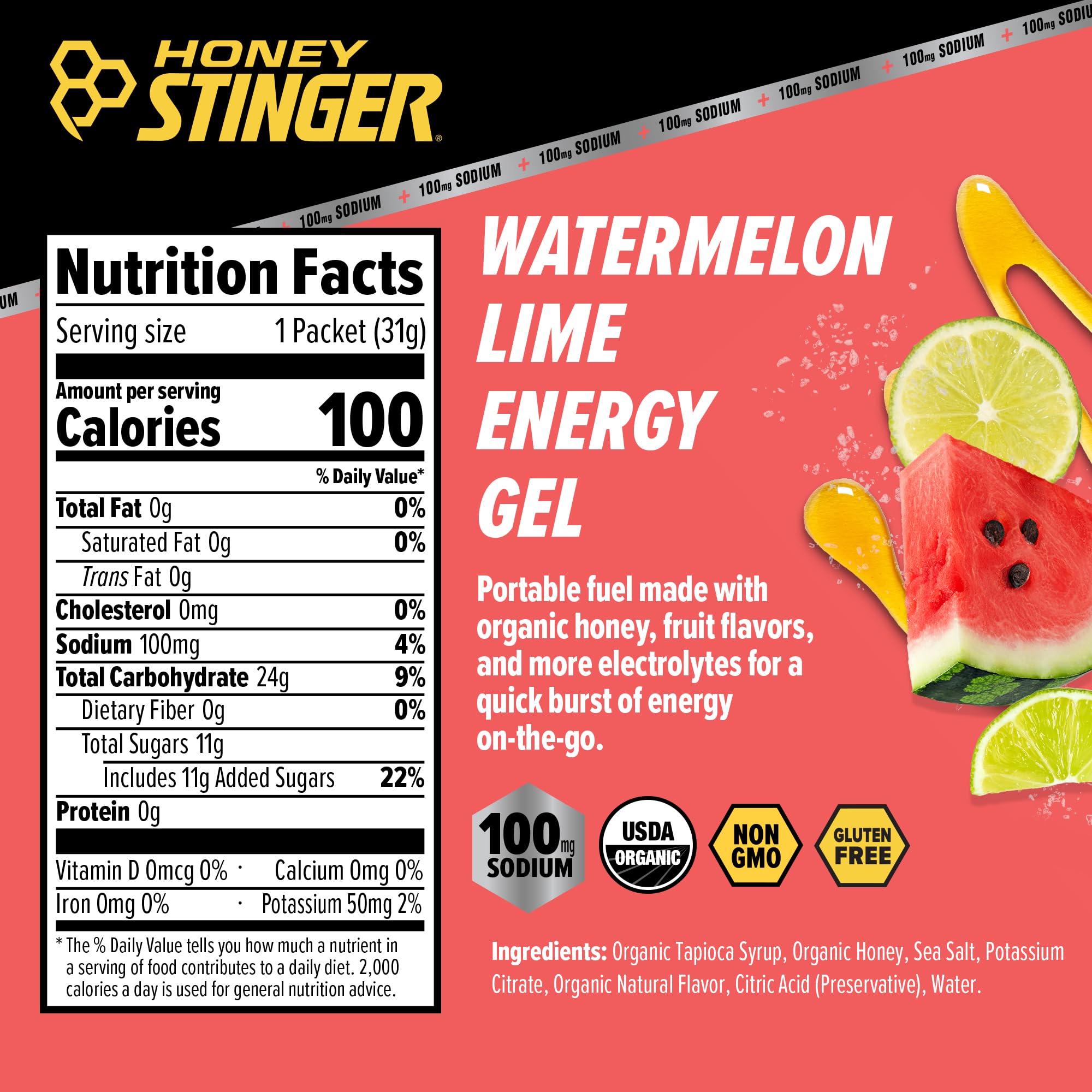 Honey Stinger gel en mano para mostrar tamaño portátil y facilidad de transporte