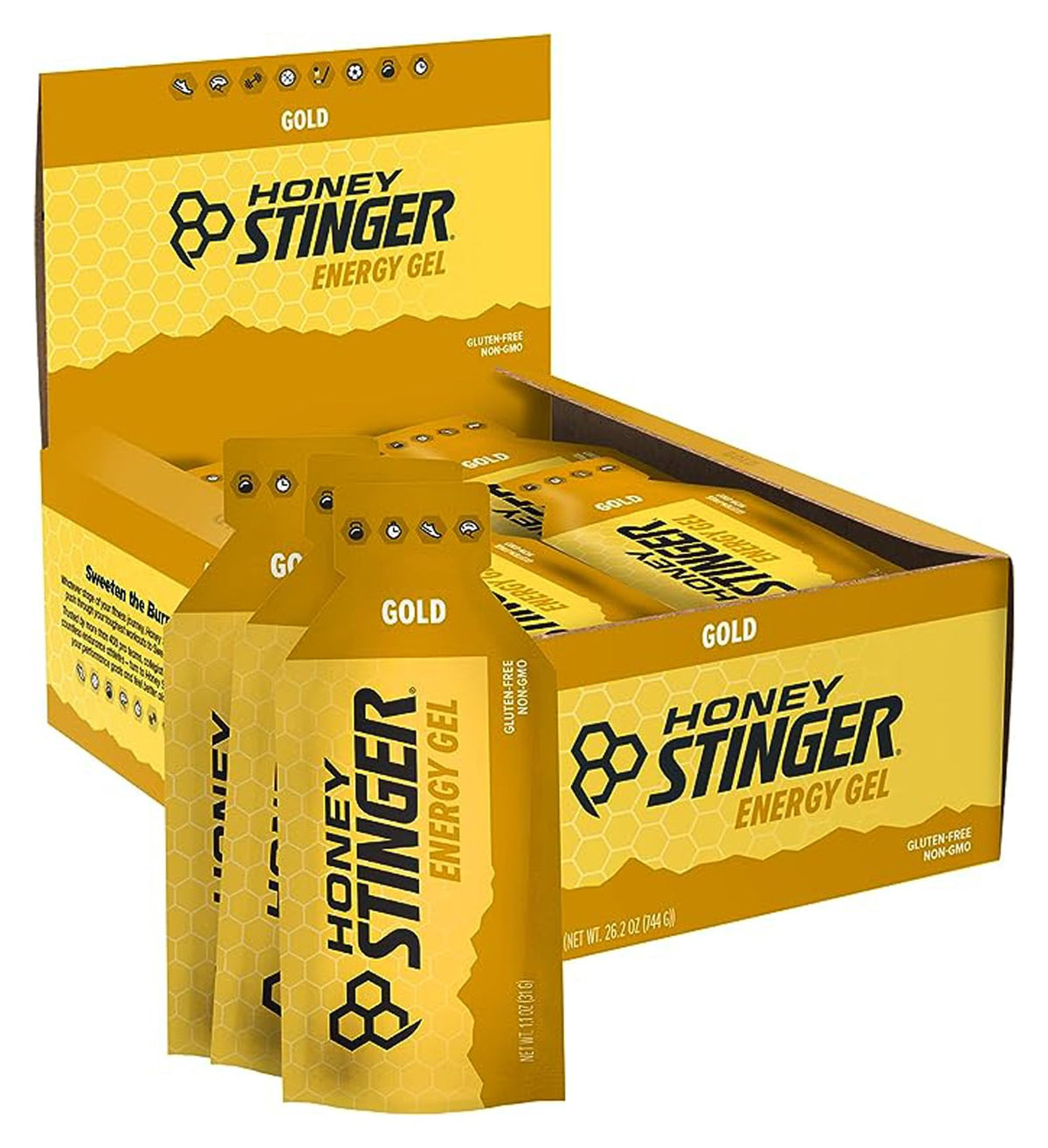 Honey Stinger gel frontal del pack mostrando 24 unidades y facilidad de transporte