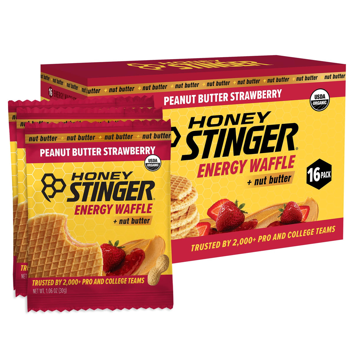 Honey Stinger paquete frontal mostrando gofres, práctico para llevar