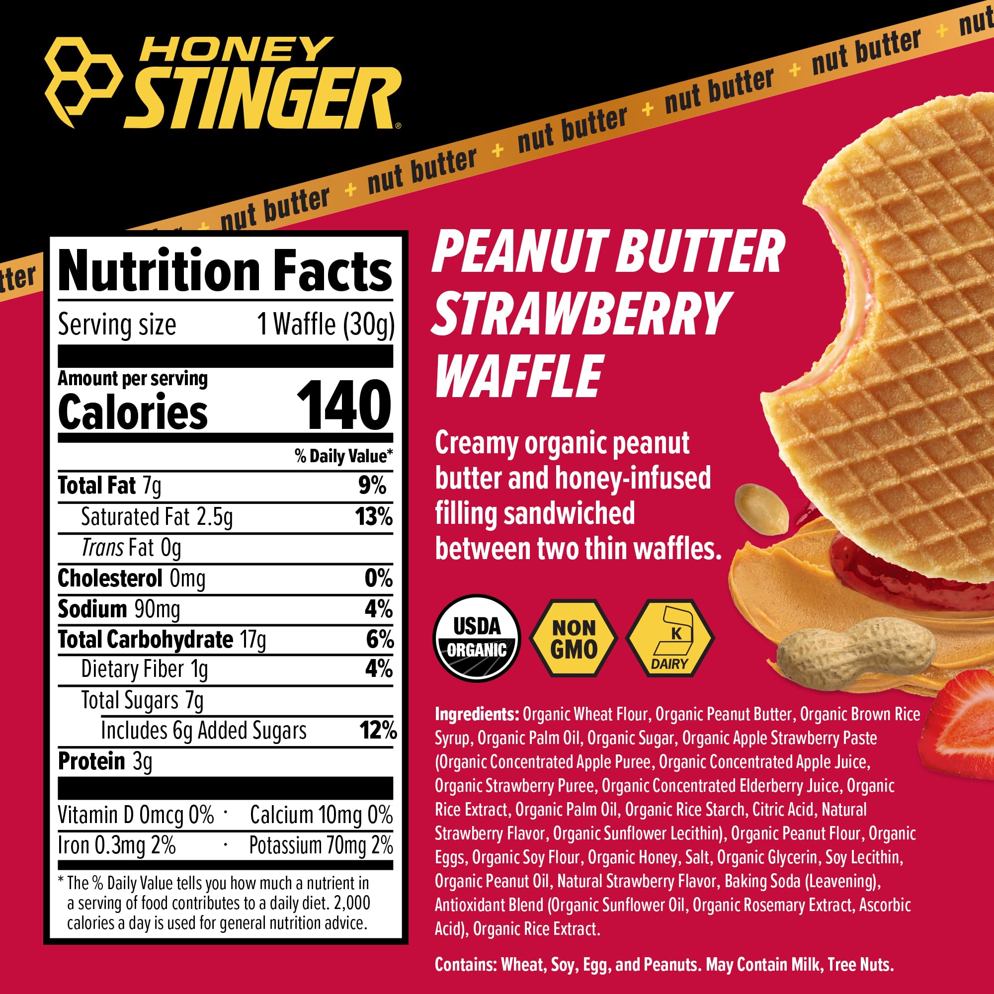 Honey Stinger corte que muestra relleno de cacahuete y fresa, sabor visible