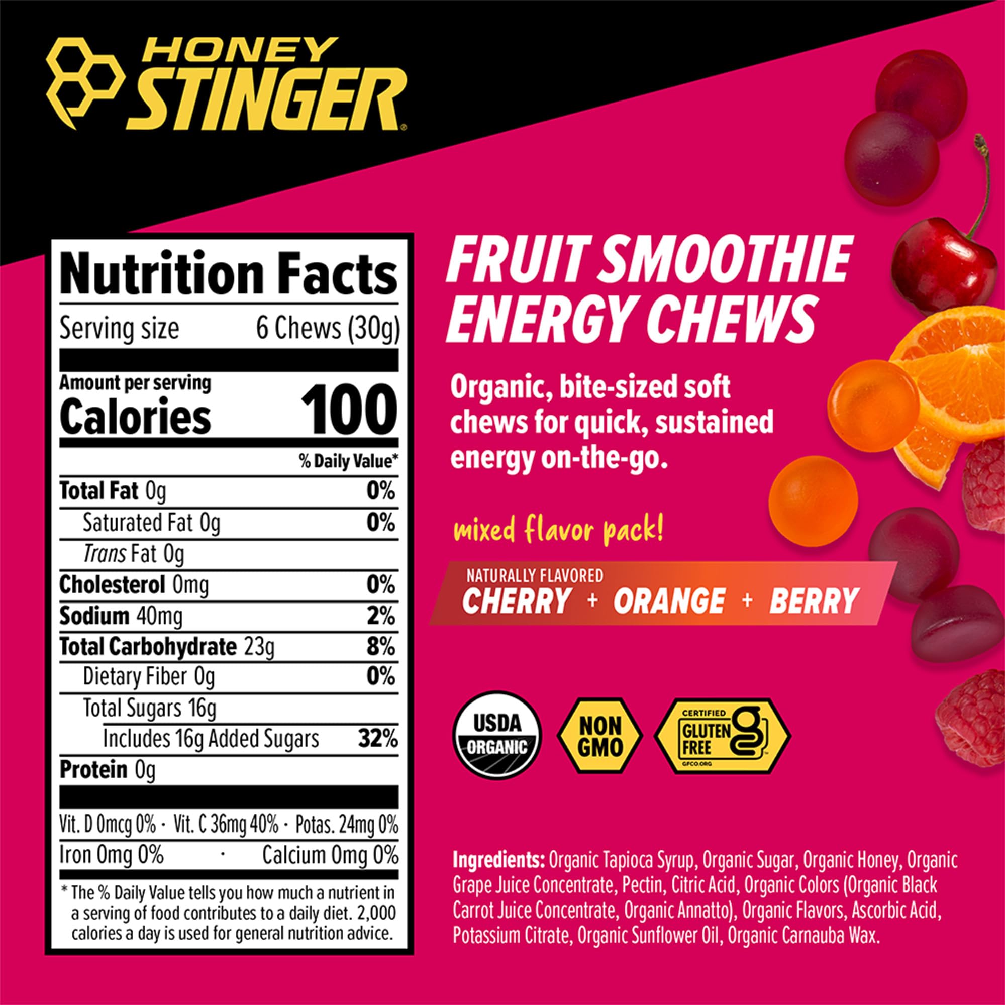Honey Stinger primer plano de textura de gomitas, evidencia suavidad y fácil consumo