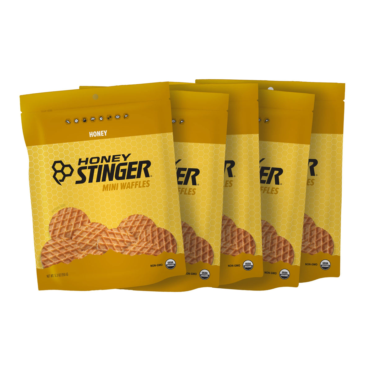 Honey Stinger empaque frontal mostrando cinco bolsas y conveniencia