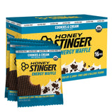 Honey Stinger paquete frontal cookies & cream mostrando porciones y beneficios energéticos