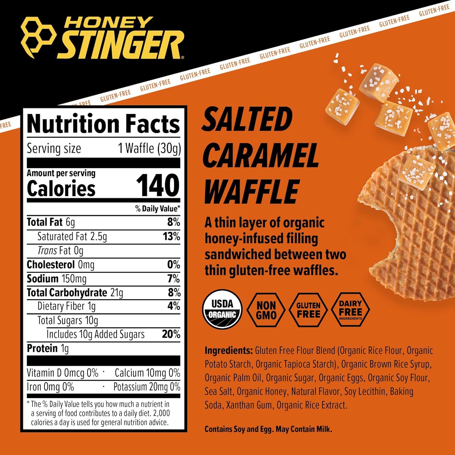 Honey Stinger detalle del waffle cookies & cream, sabor indulgente recuperador