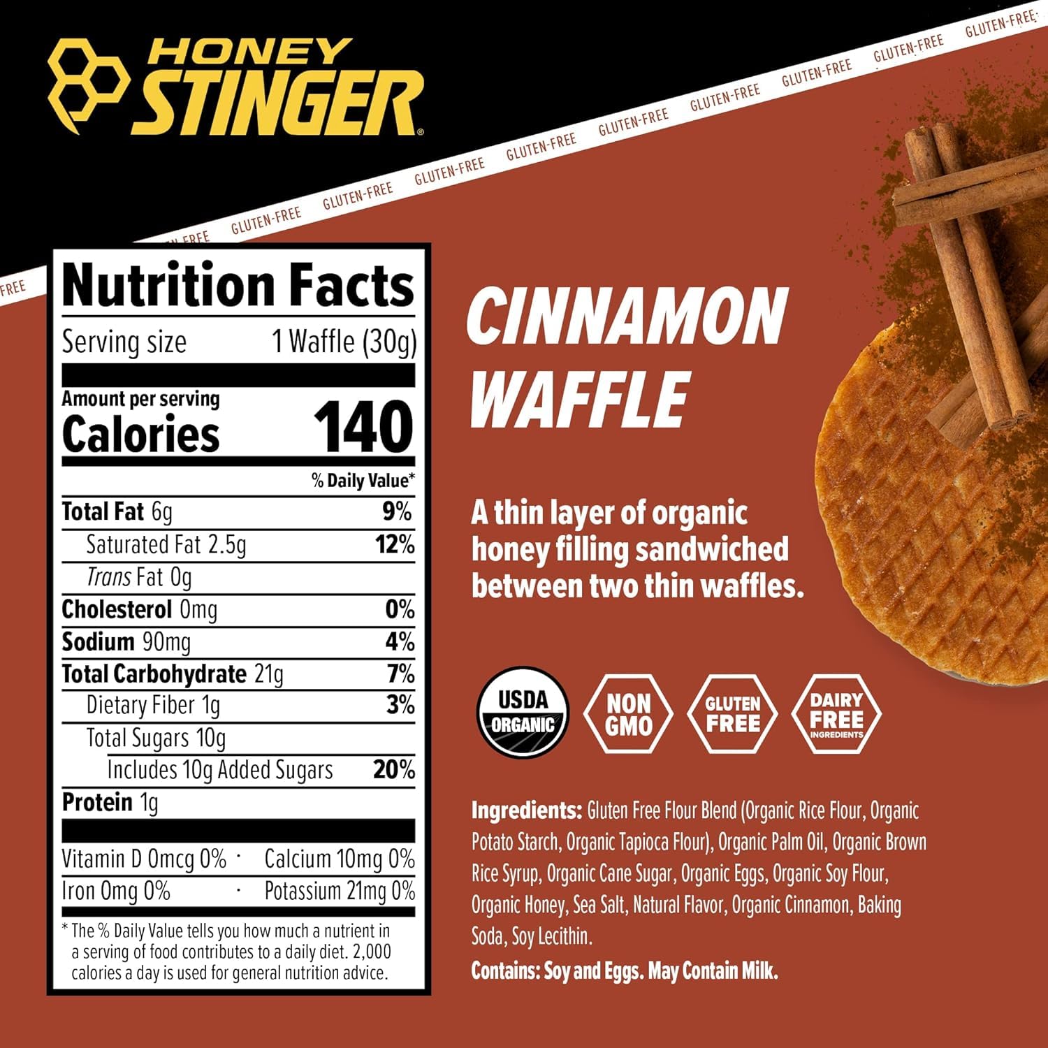 Honey Stinger primer plano del waffle sabor miel, energía natural rápida
