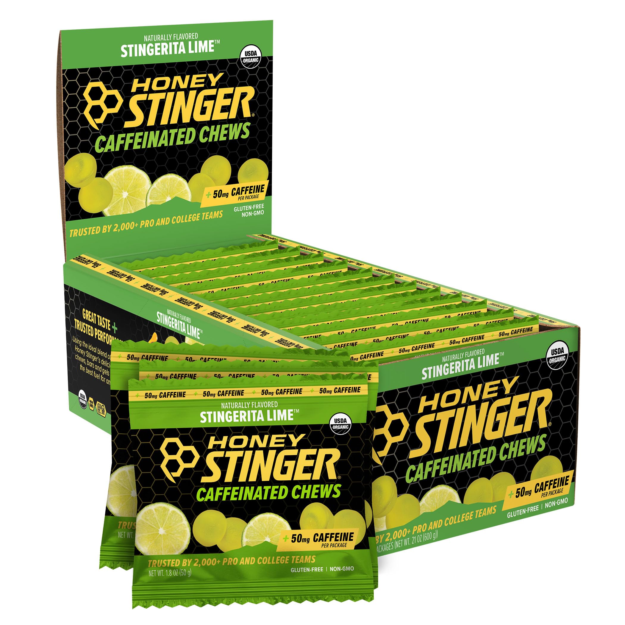 Honey Stinger empaque frontal mostrando sabor lima y paquete práctico