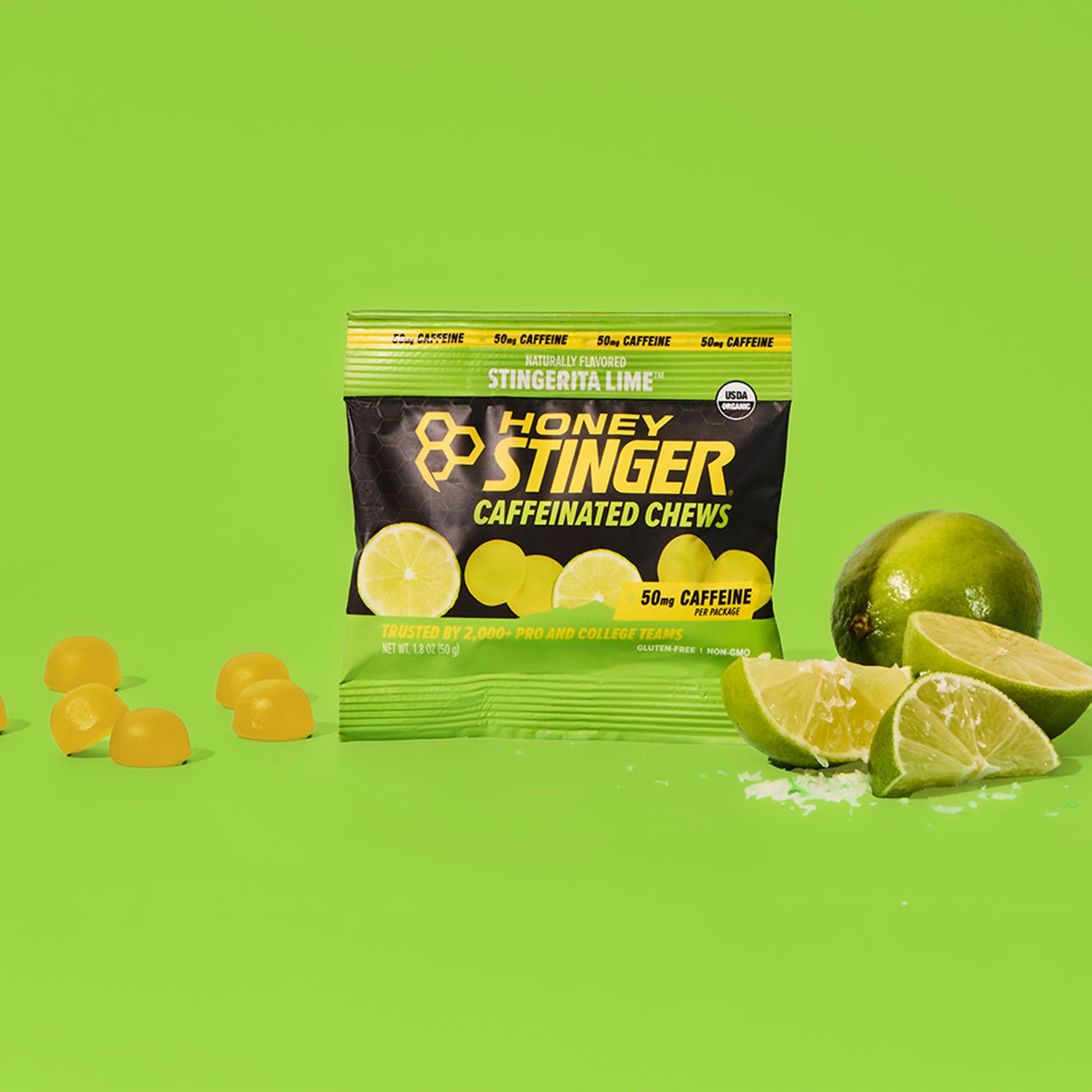 Honey Stinger etiqueta nutricional con información de cafeína y electrolitos