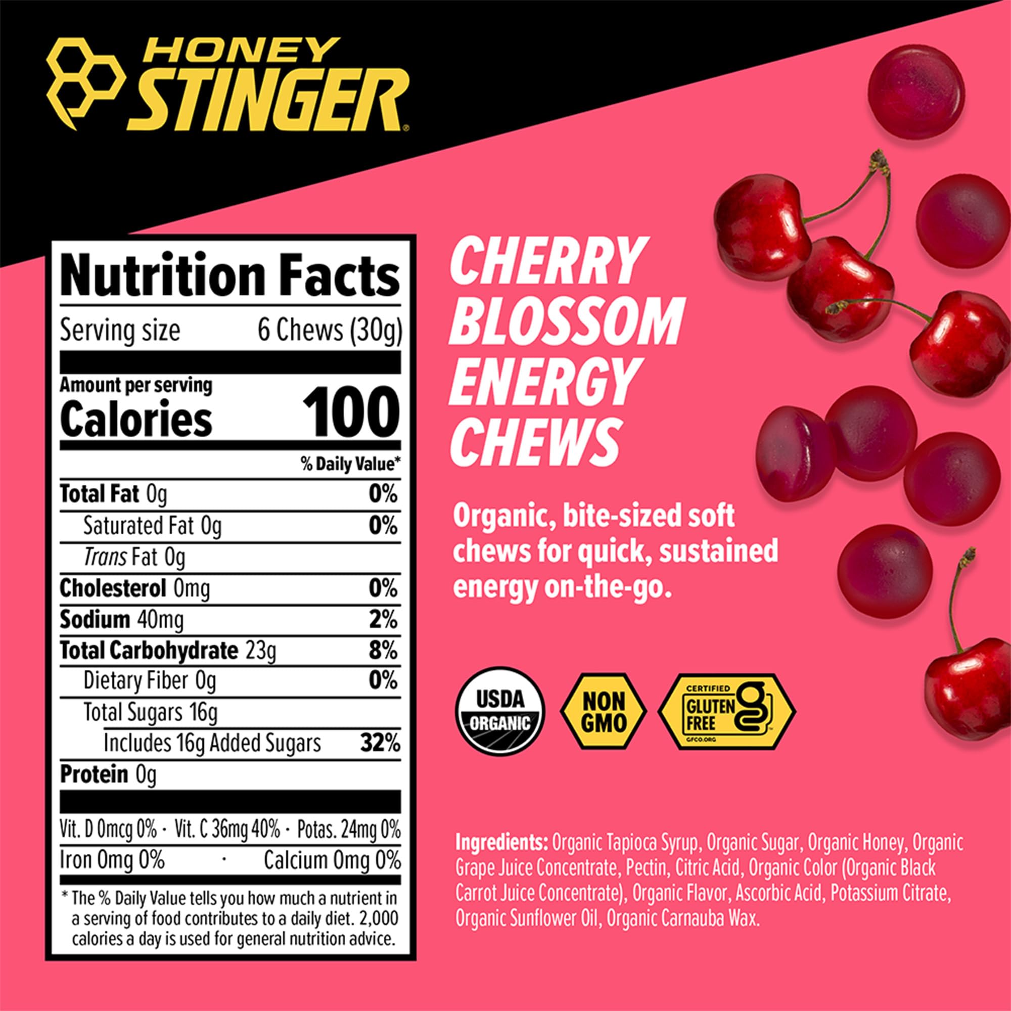 Honey Stinger textura masticable de las chews muestra consistencia suave y apetecible
