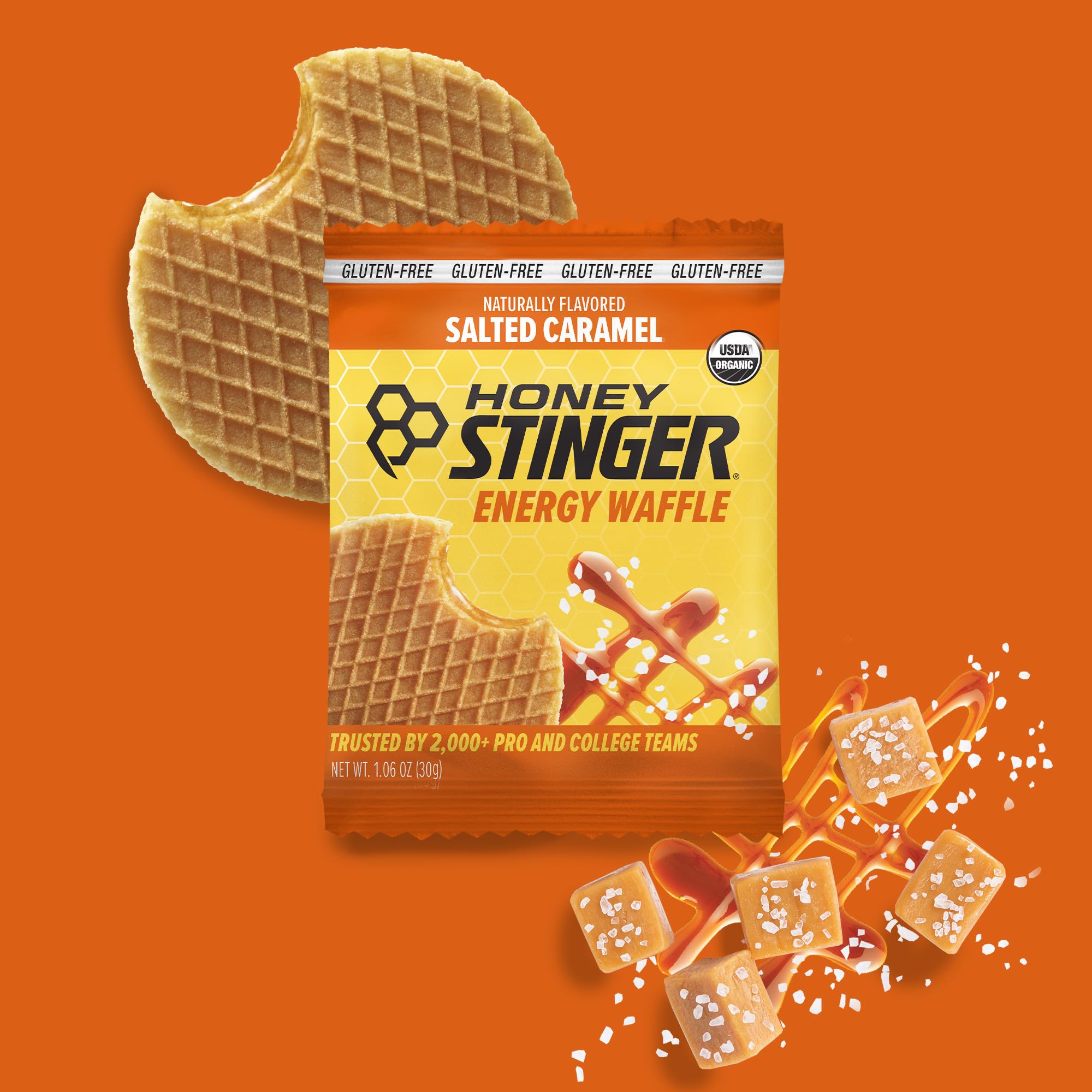 Honey Stinger waffle junto a regla para comparar tamaño portátil