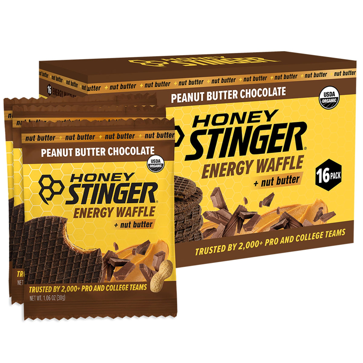Honey Stinger empaque frontal mostrando waffles y beneficio energético