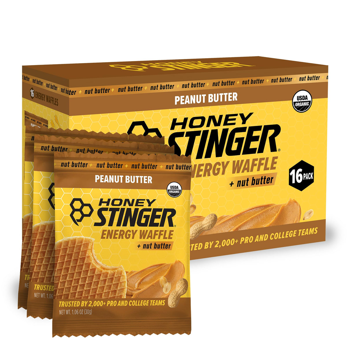 Honey Stinger empaque frontal mostrando pack de 16 unidades y portabilidad