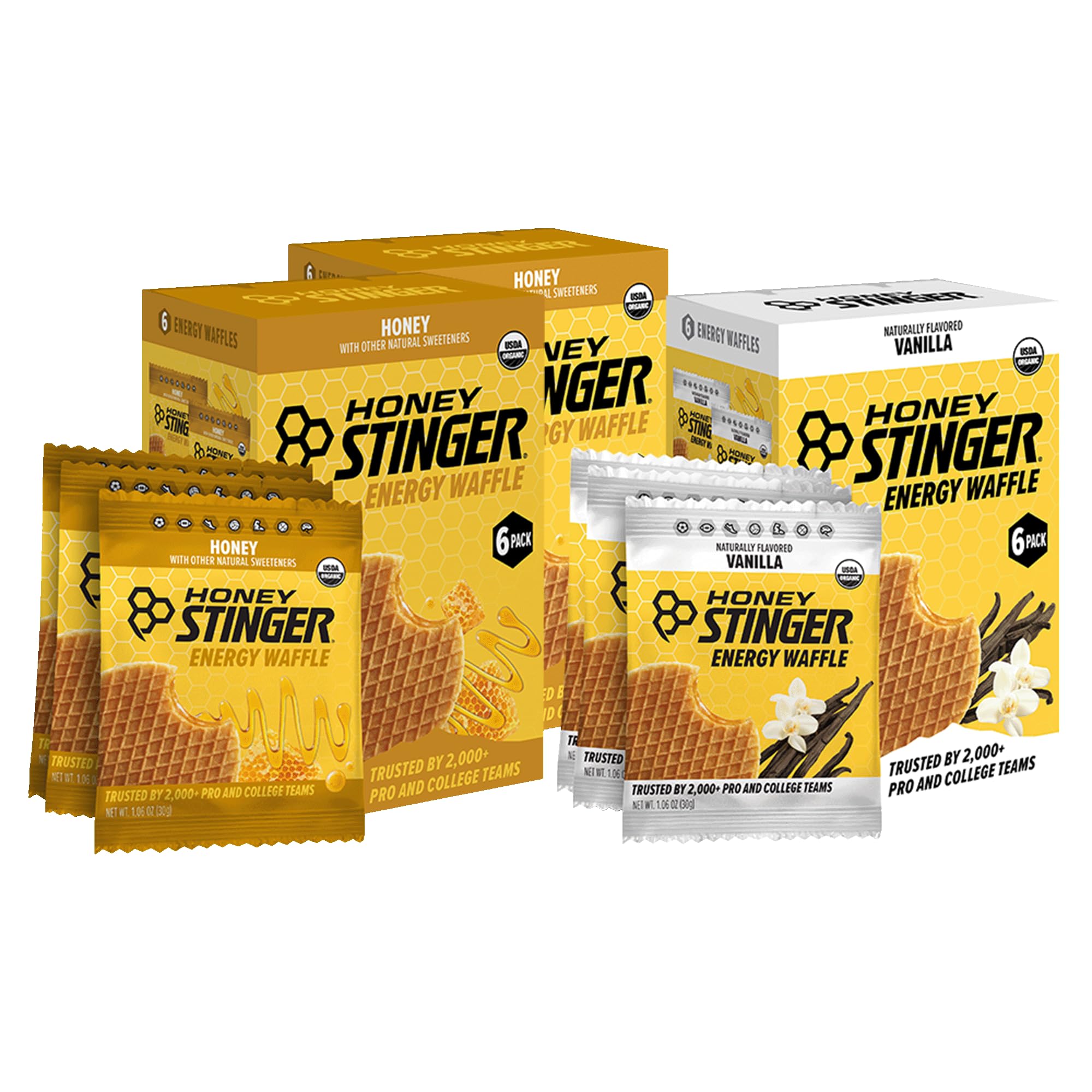 Honey Stinger vista frontal del embalaje mostrando variedad y conveniencia