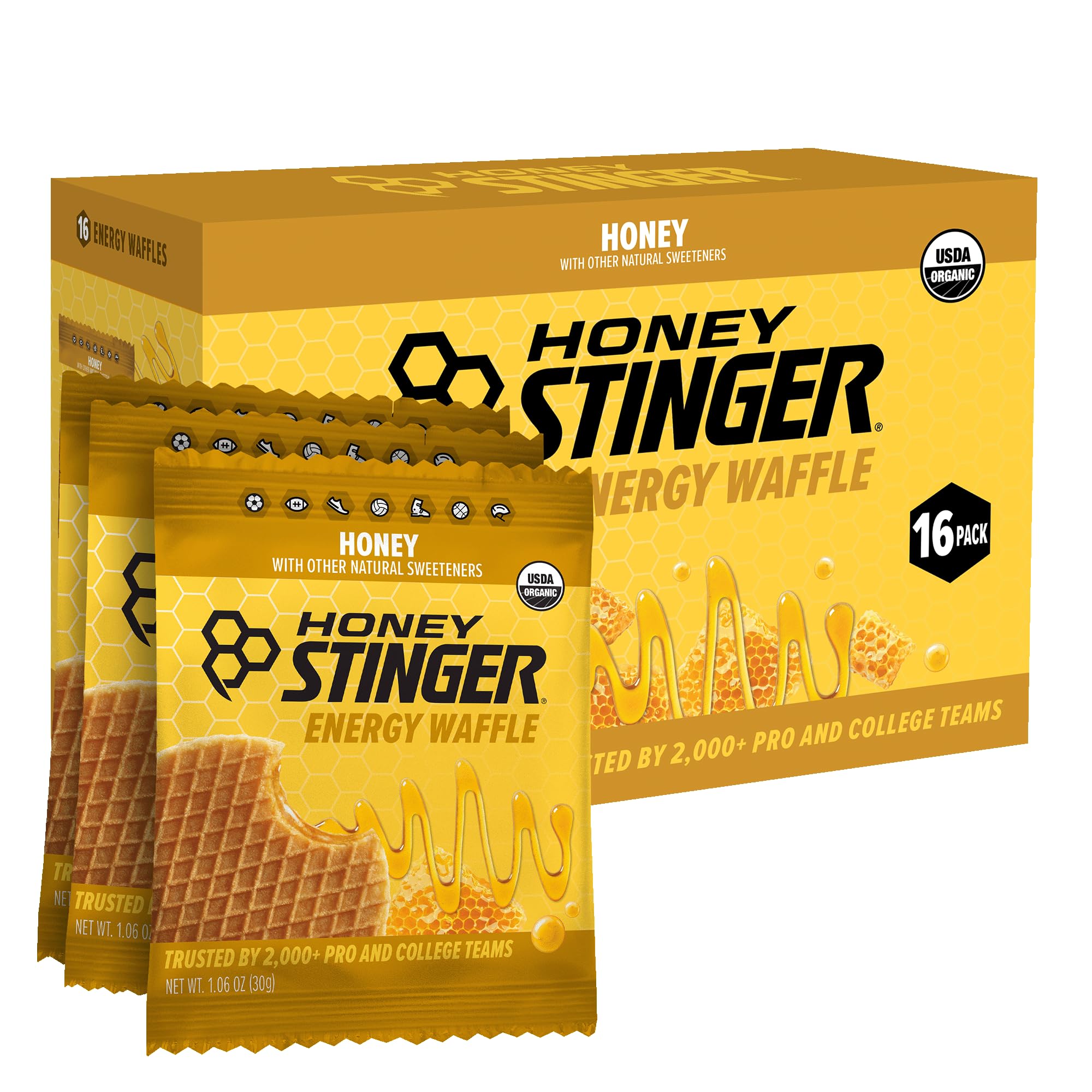 Honey Stinger frente del embalaje mostrando caja de 16 unidades y fácil transporte