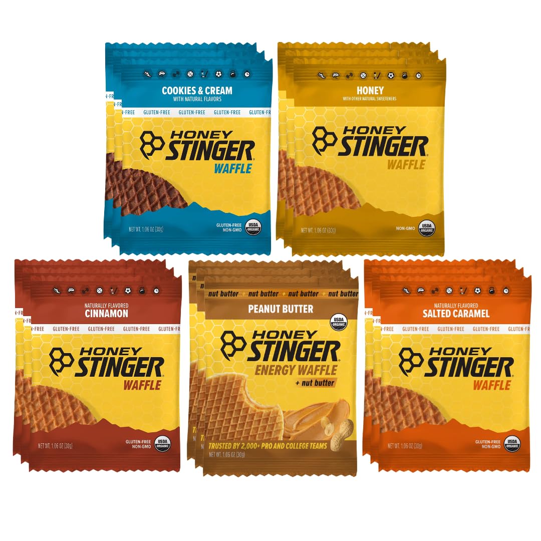 Honey Stinger vista frontal del paquete surtido, práctico para llevar