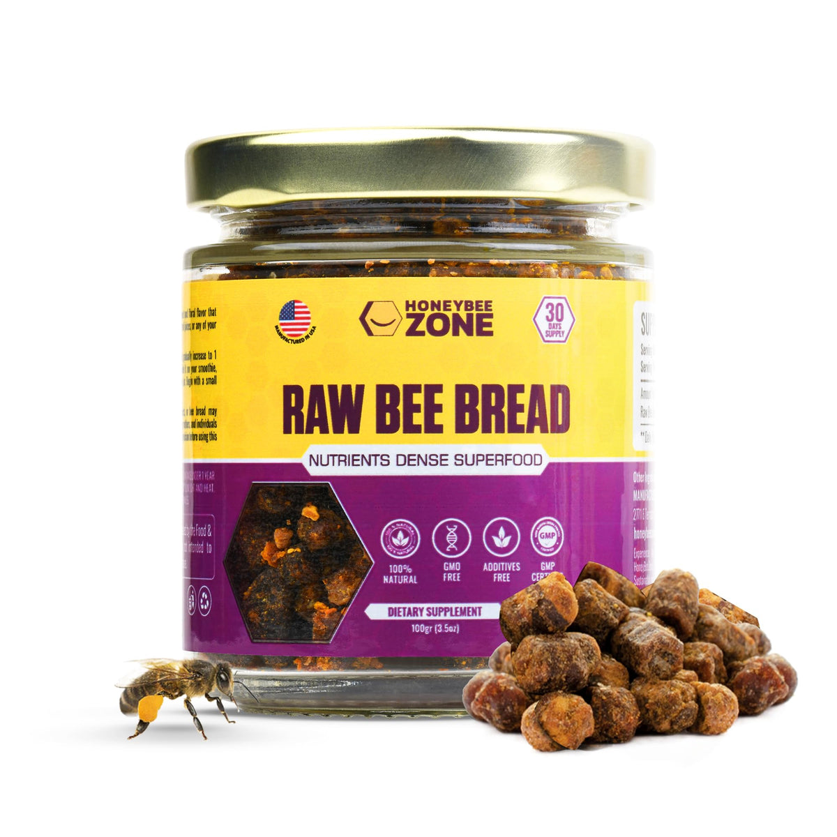 HONEYBEEZONE perga frente del envase mostrando pureza y formato práctico