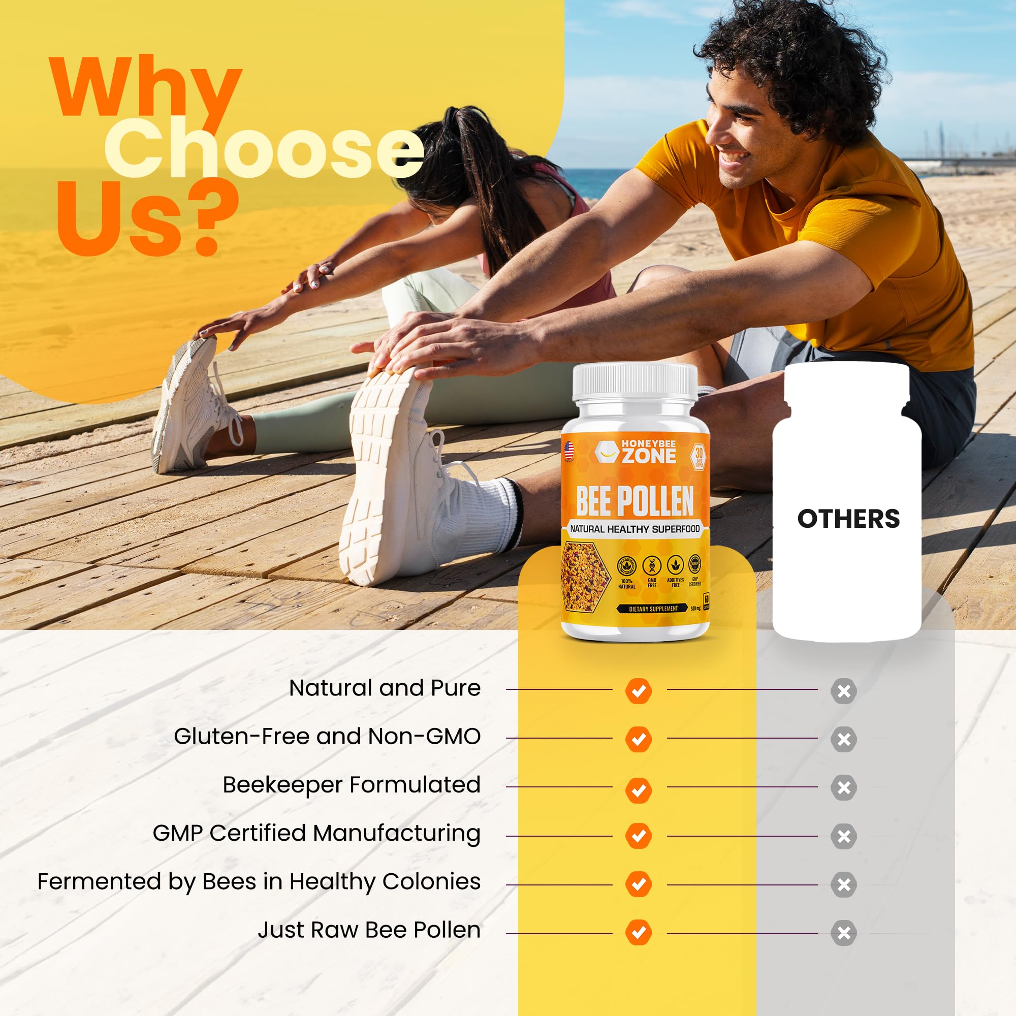 HONEYBEEZONE persona activa tomando cápsula para energía diaria