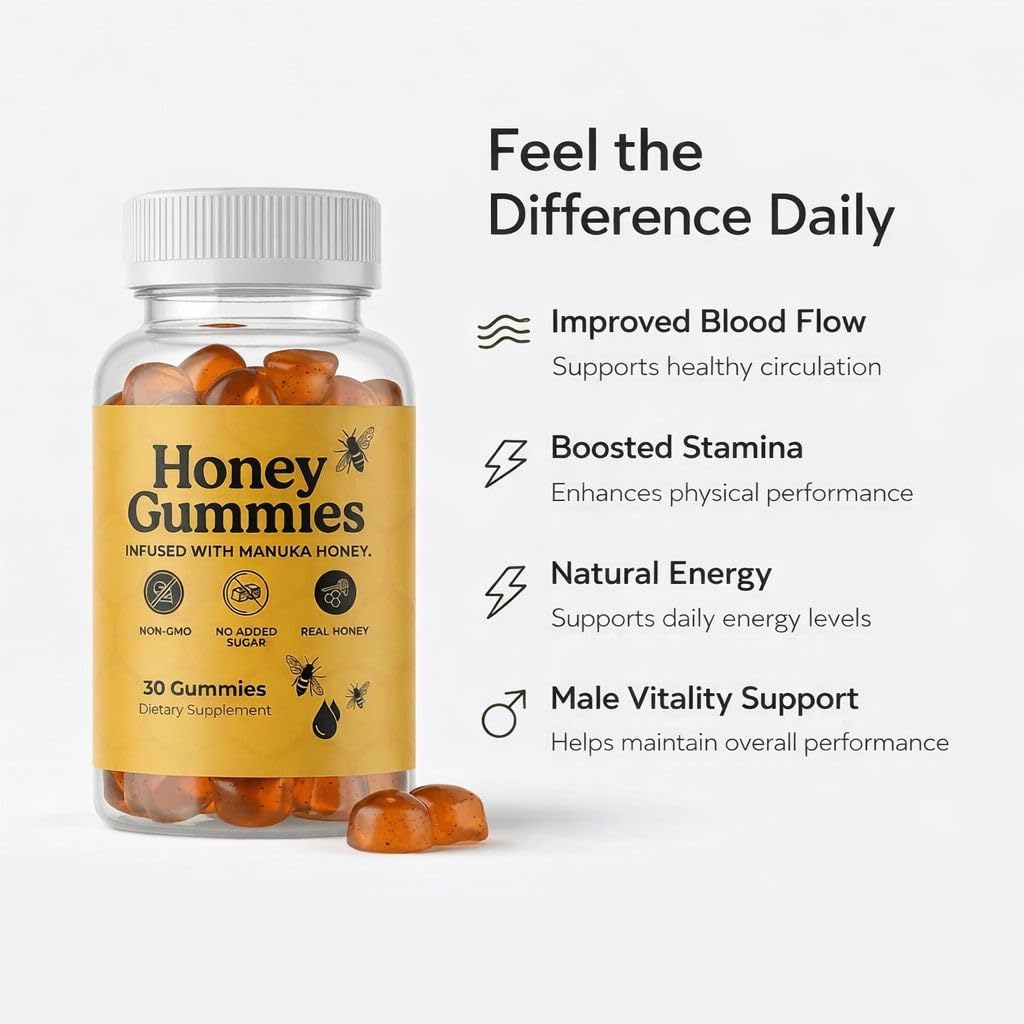 HoneyGummies hombre tomando gomita para energía y circulación