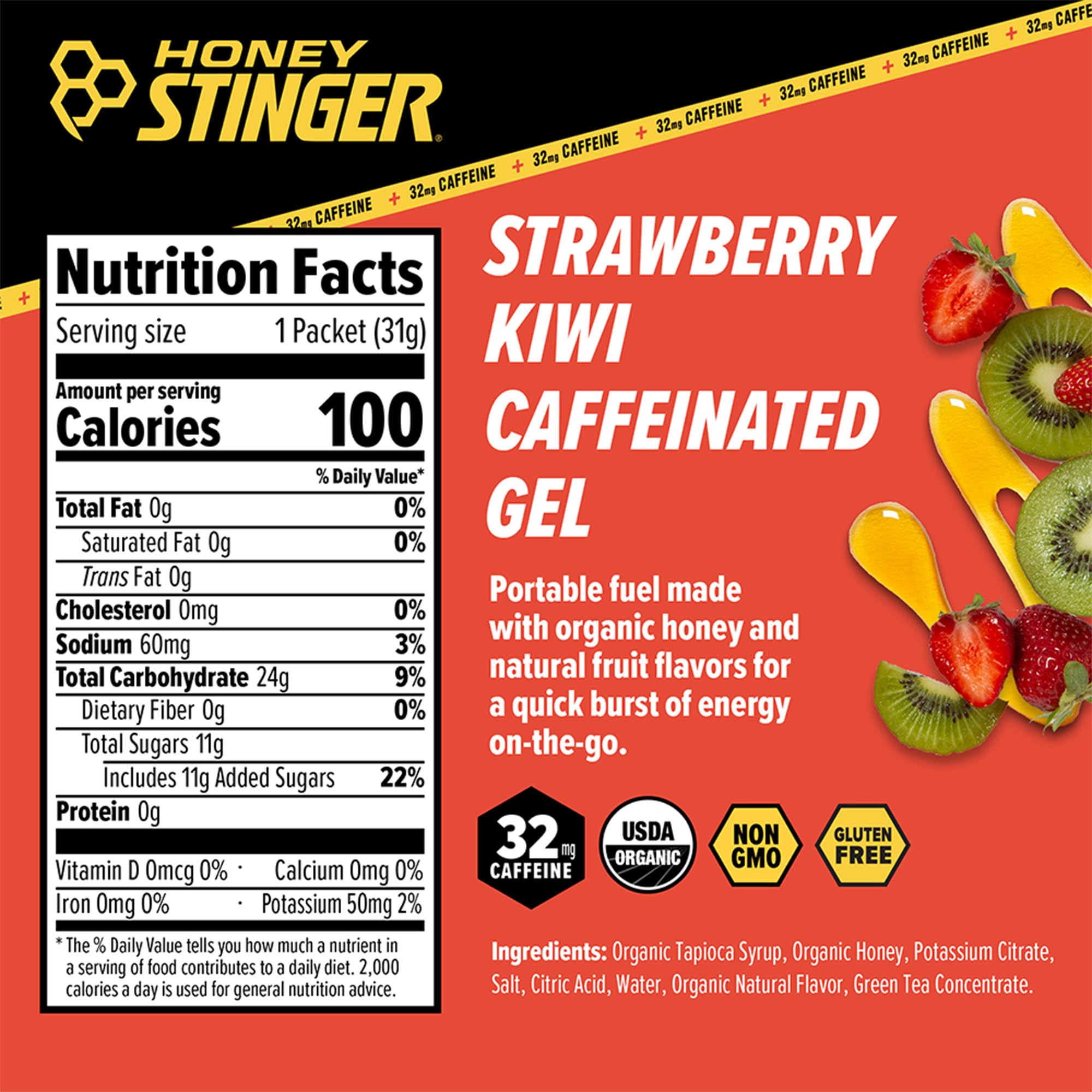 Honey Stinger etiqueta con ingredientes y beneficios claros