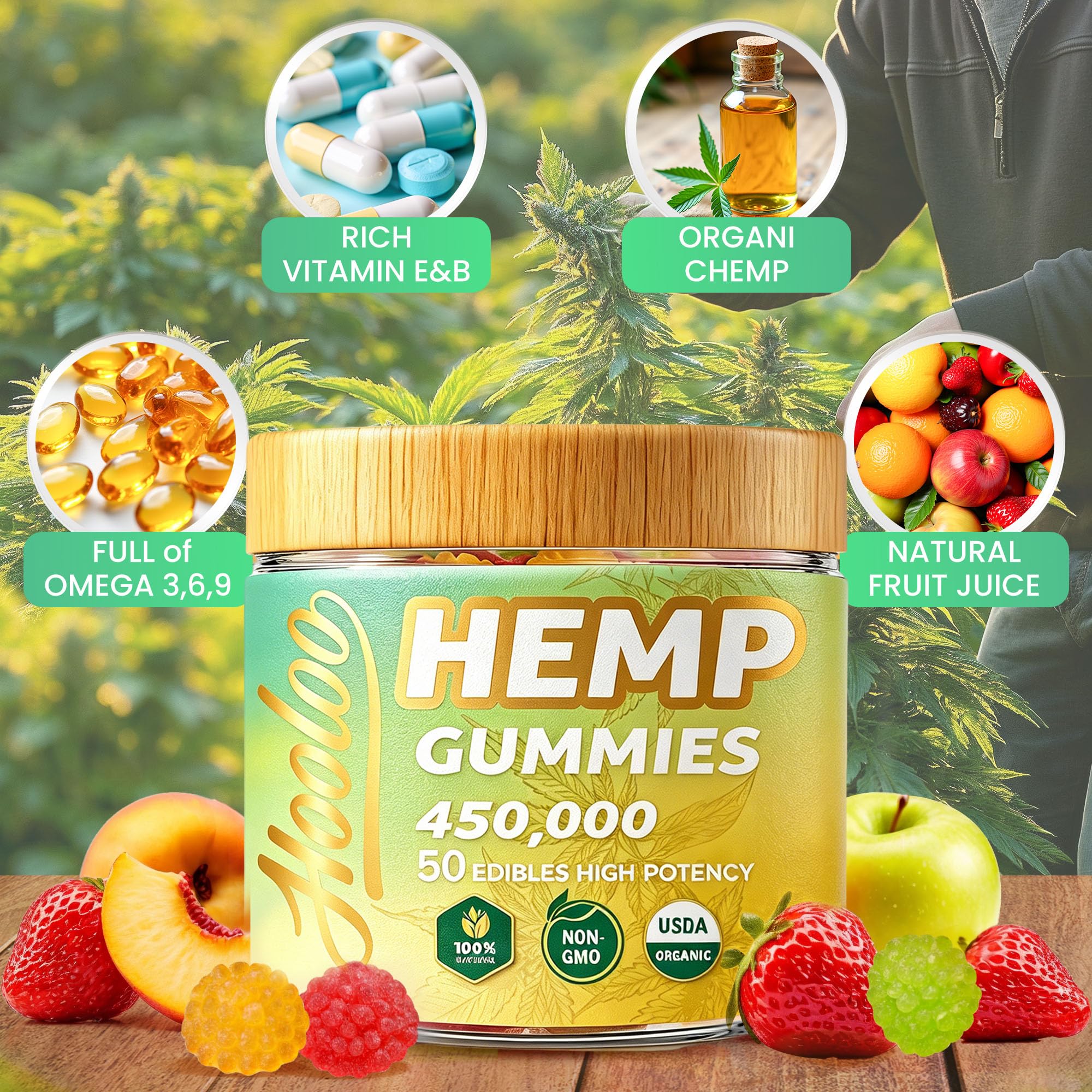 HOOLOO gomita en mano para comparar tamaño y facilidad de consumo