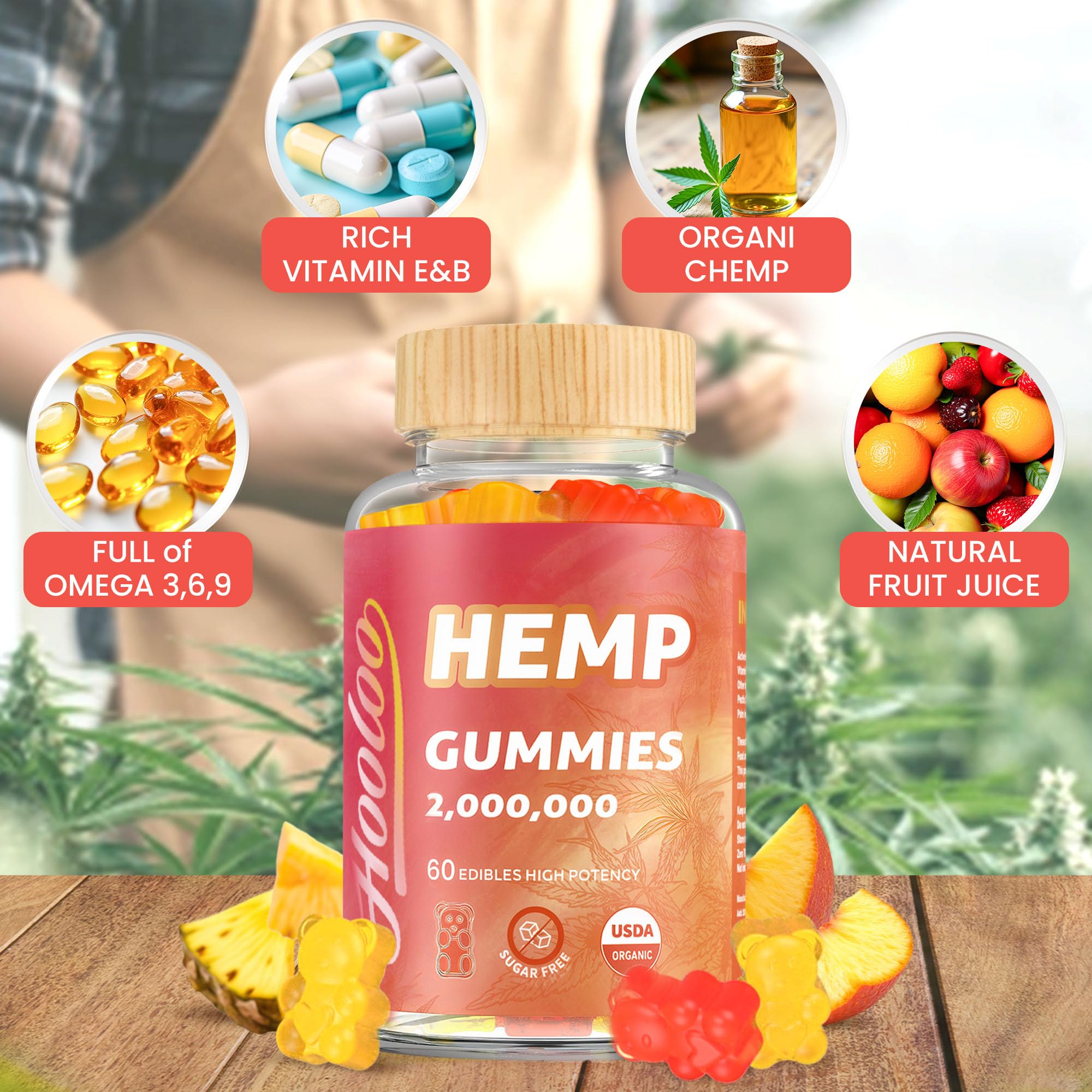 HOOLOO gomitas en mano durante consumo, uso práctico y sin azúcar