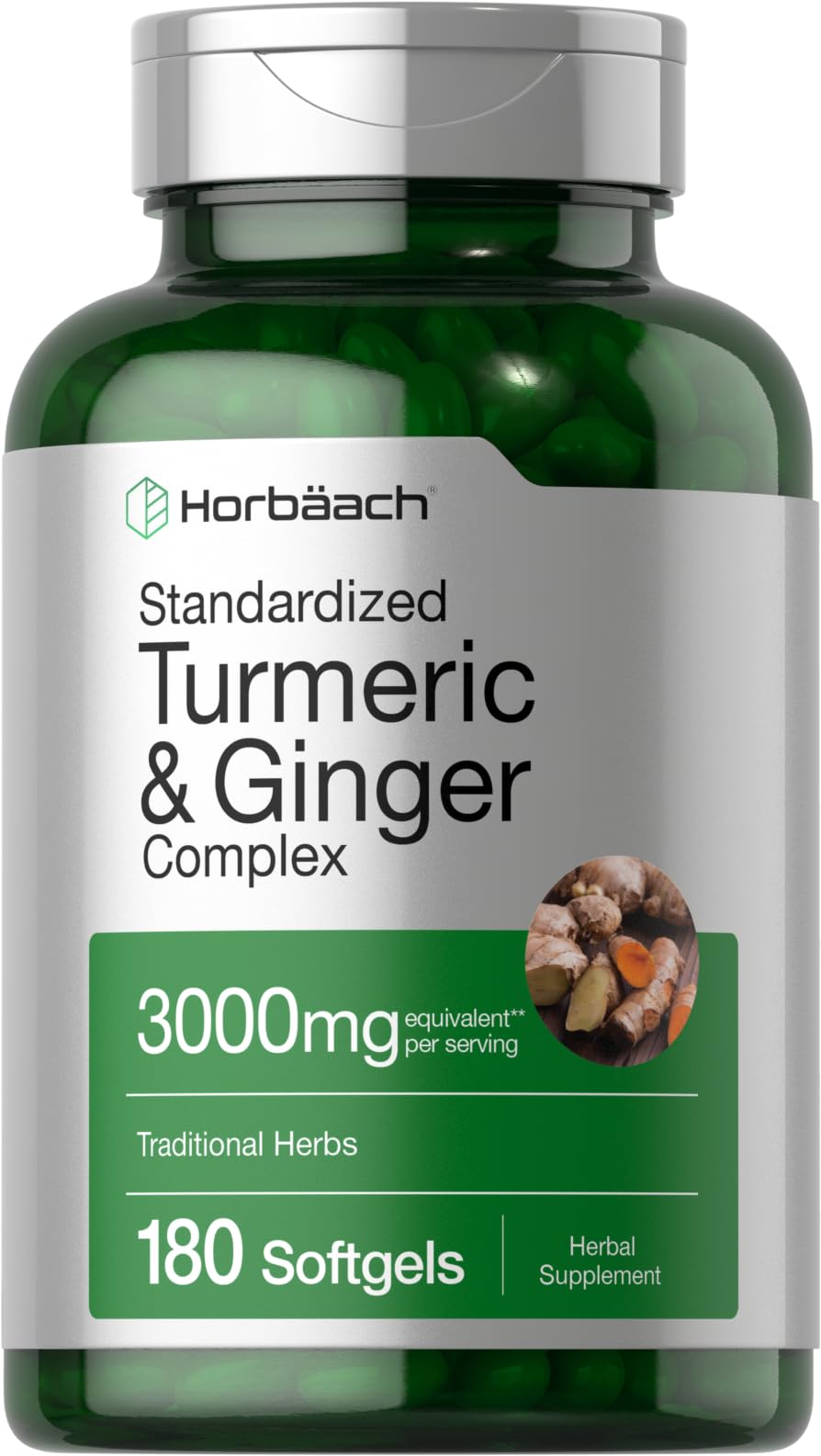 Horbäach caja frontal mostrando 180 softgels y beneficios de la fórmula