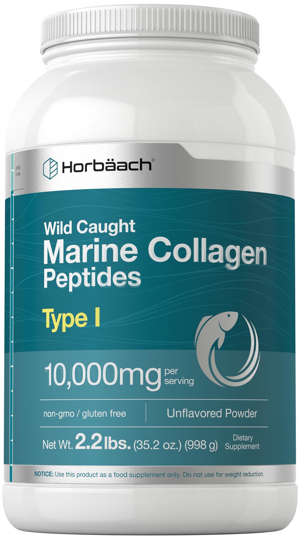 Horbäach frente del empaque mostrando colágeno marino 10,000 mg y beneficio práctico