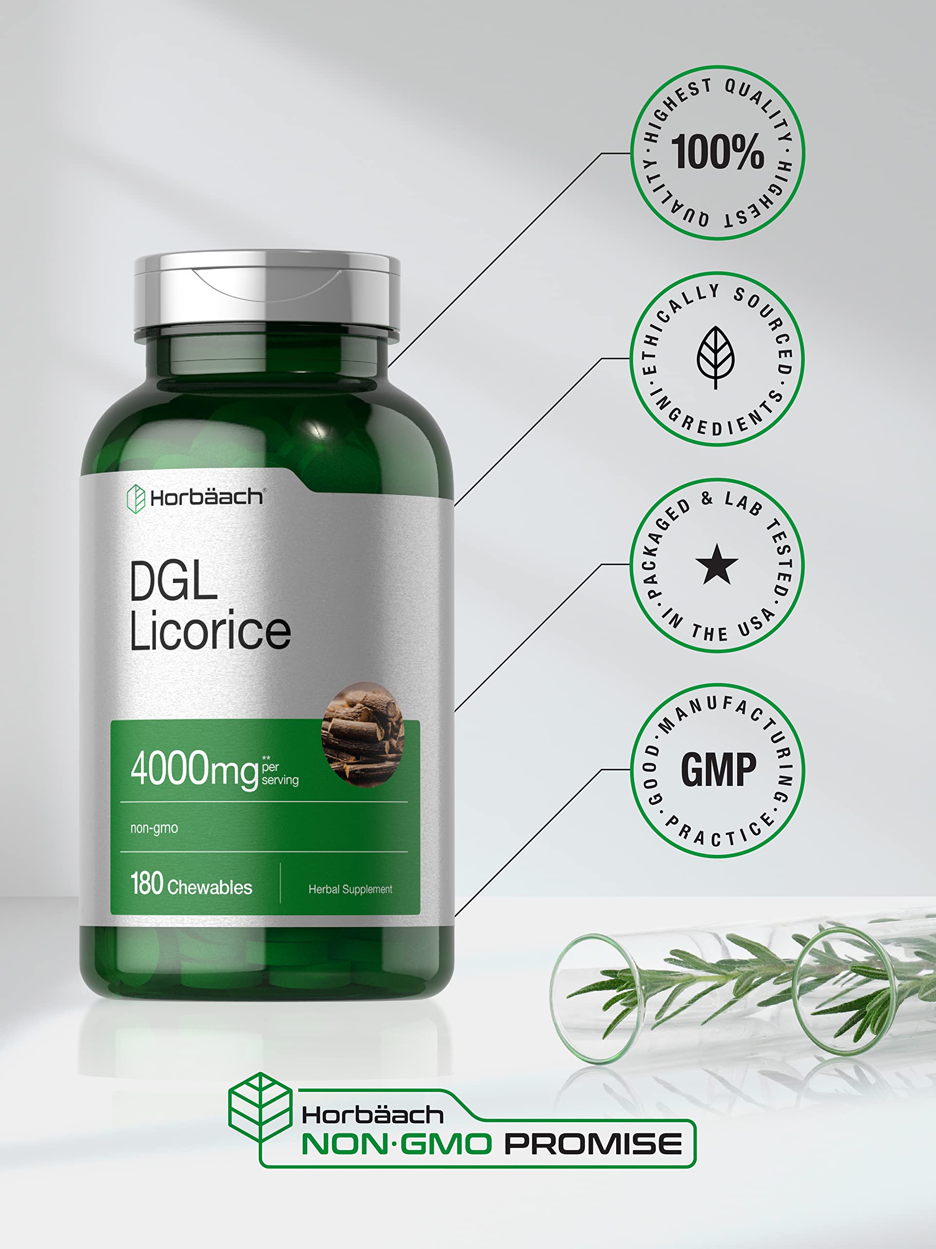 Horbäach DGL tabletas junto a raíz de regaliz ilustrando origen vegetal