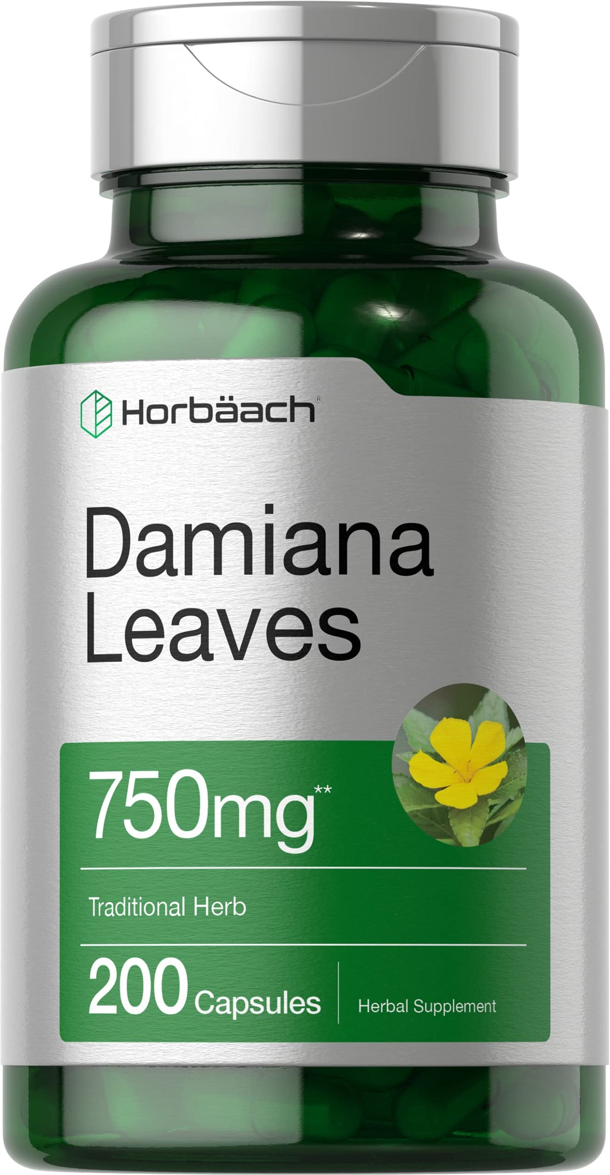 Horbäach envase frontal de Damiana Leaf Extract mostrando presentación y pureza
