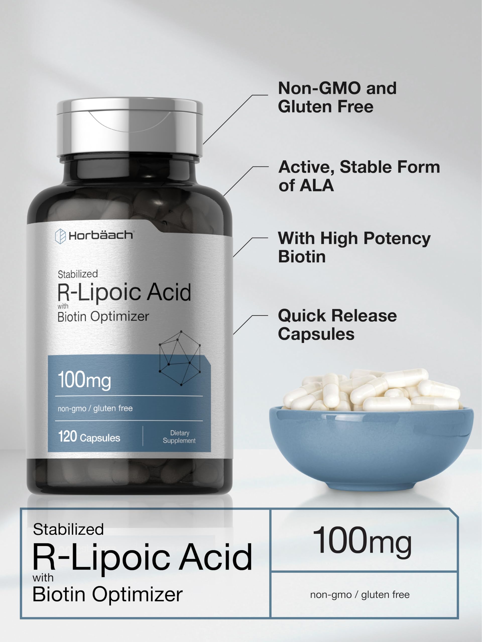 Horbäach etiqueta con ingredientes y Biotin Optimizer visible