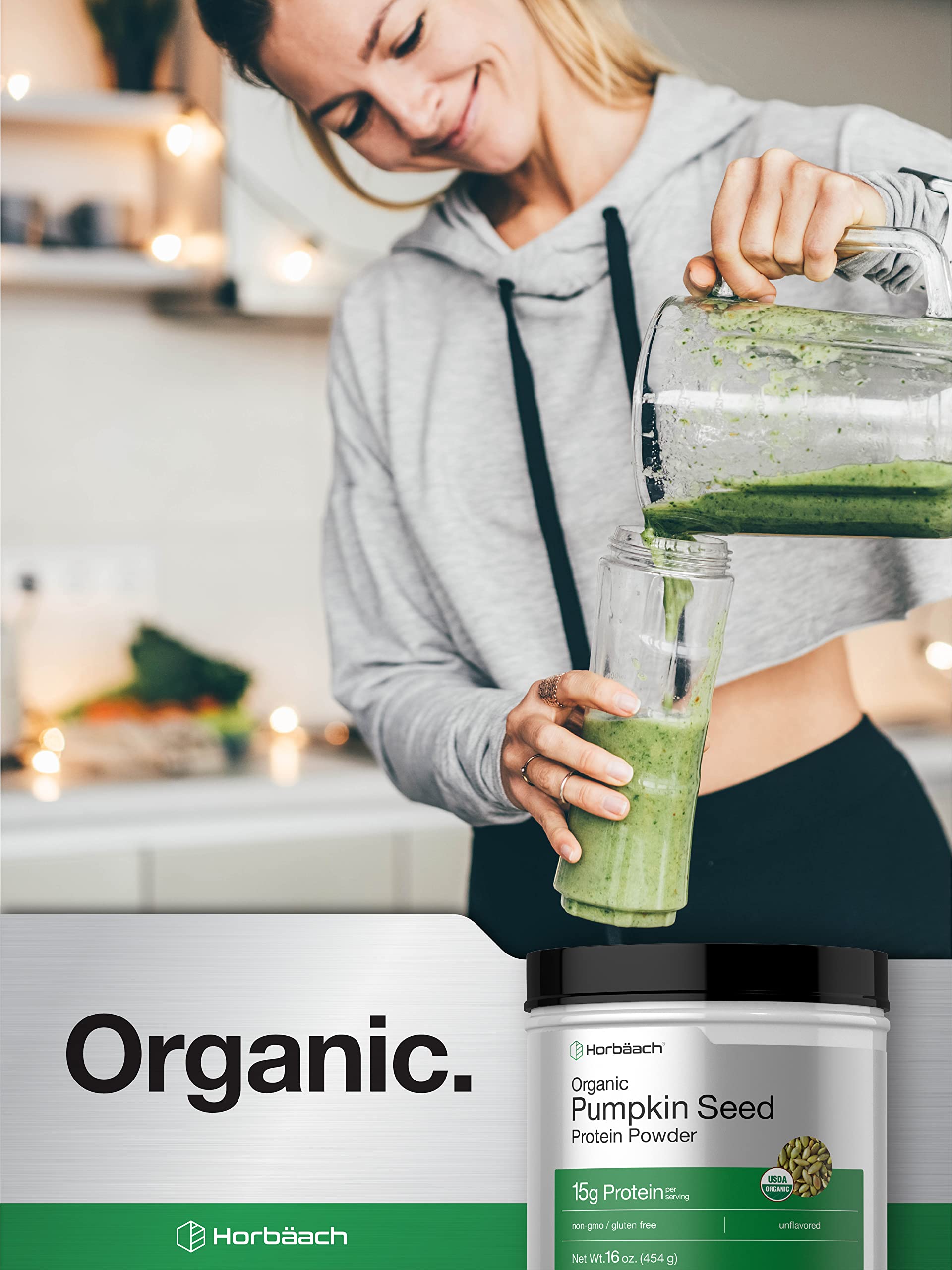 Horbäach etiqueta nutricional destacando 15 g de proteína por porción