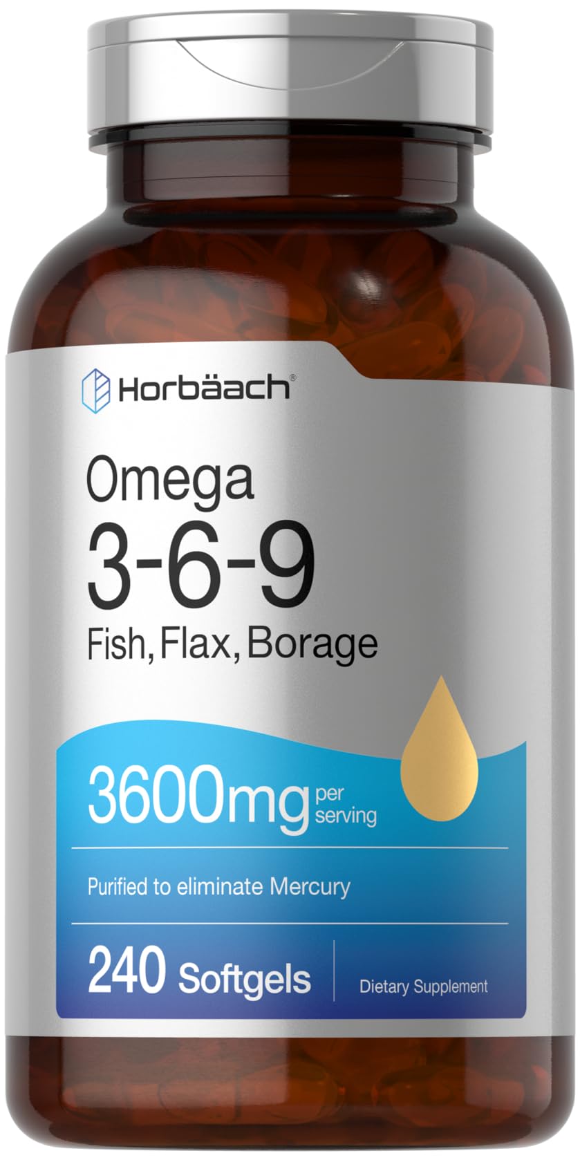 Horbäach frasco frente mostrando 240 softgels y facilidad de uso