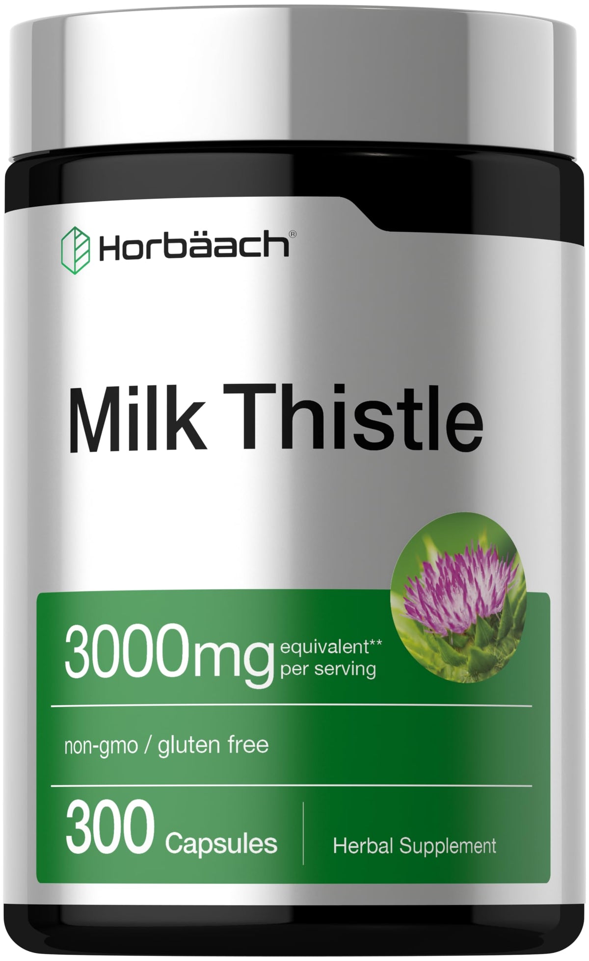Horbäach envase frontal de Milk Thistle que muestra pureza y cantidad