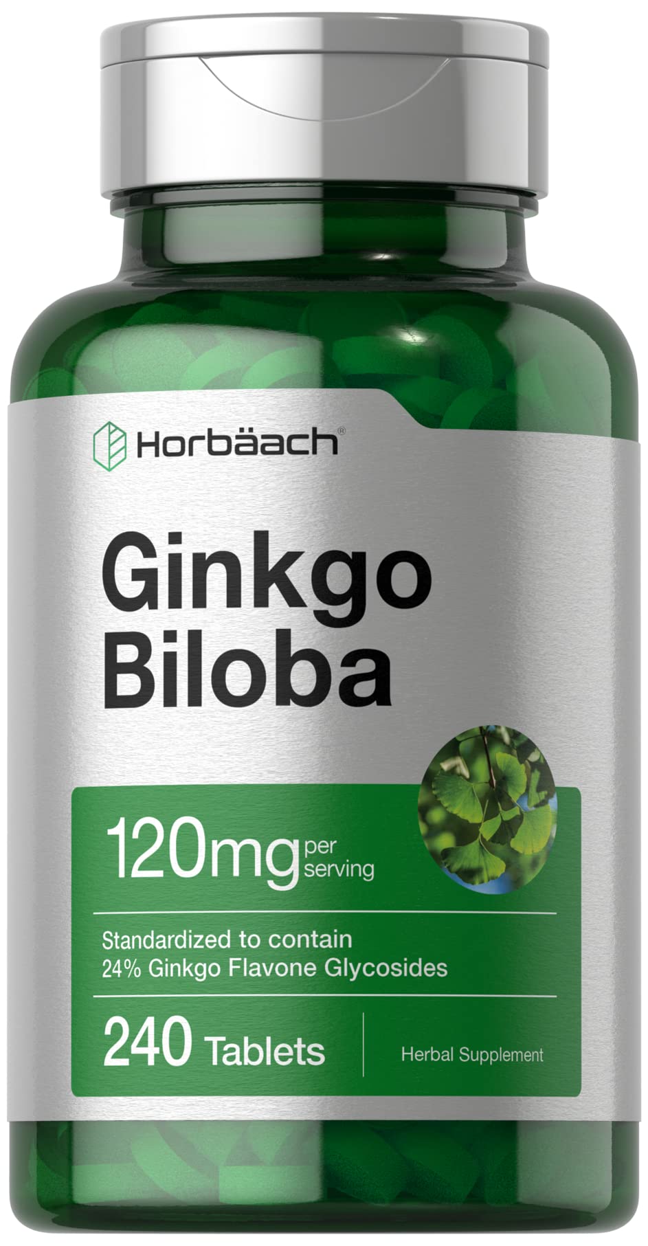 Horbäach frasco frontal Ginkgo 240 tabletas, presentación clara y confianza