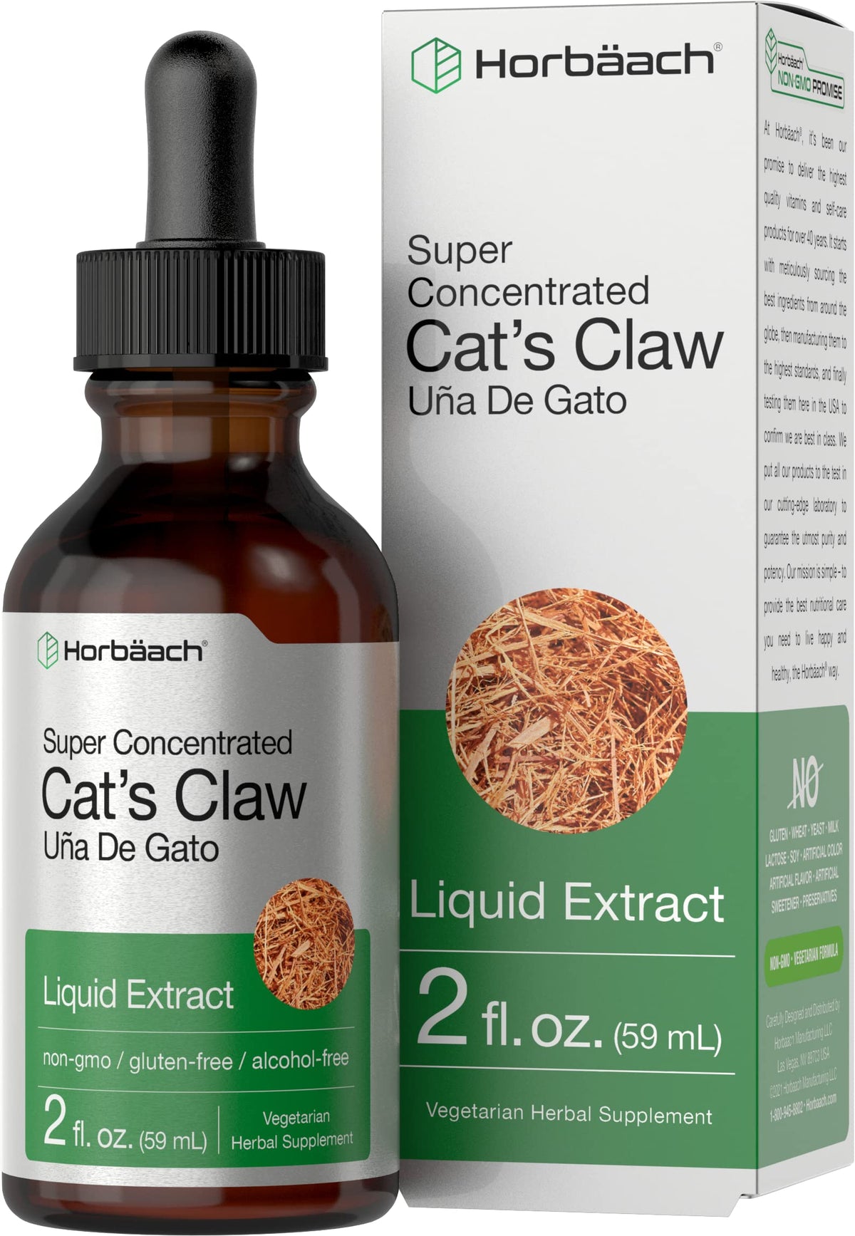 Horbäach frasco frontal del extracto Cats Claw mostrando tamaño y presentación